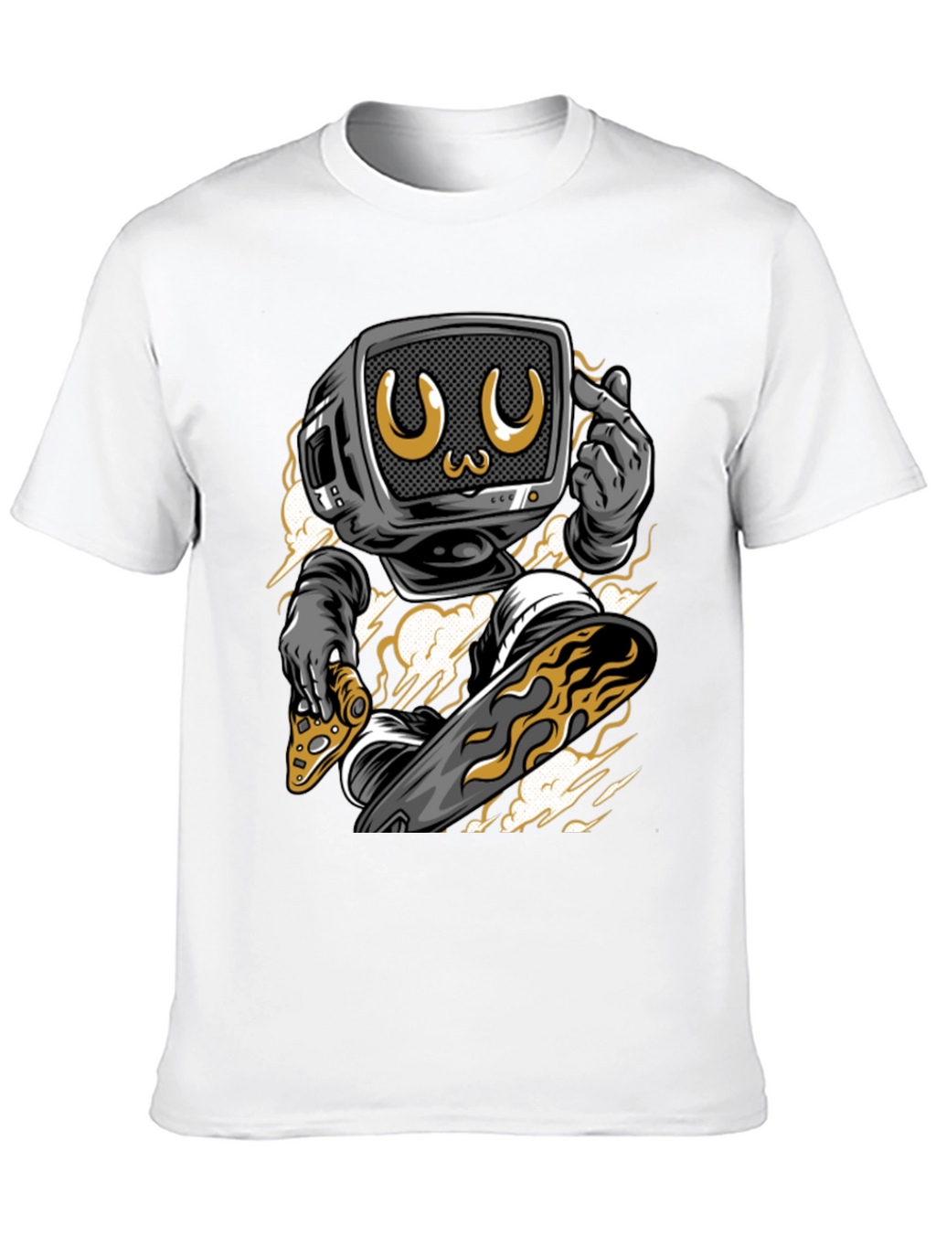 Retro TV Head Pizza Skateboarding Graphic Tee