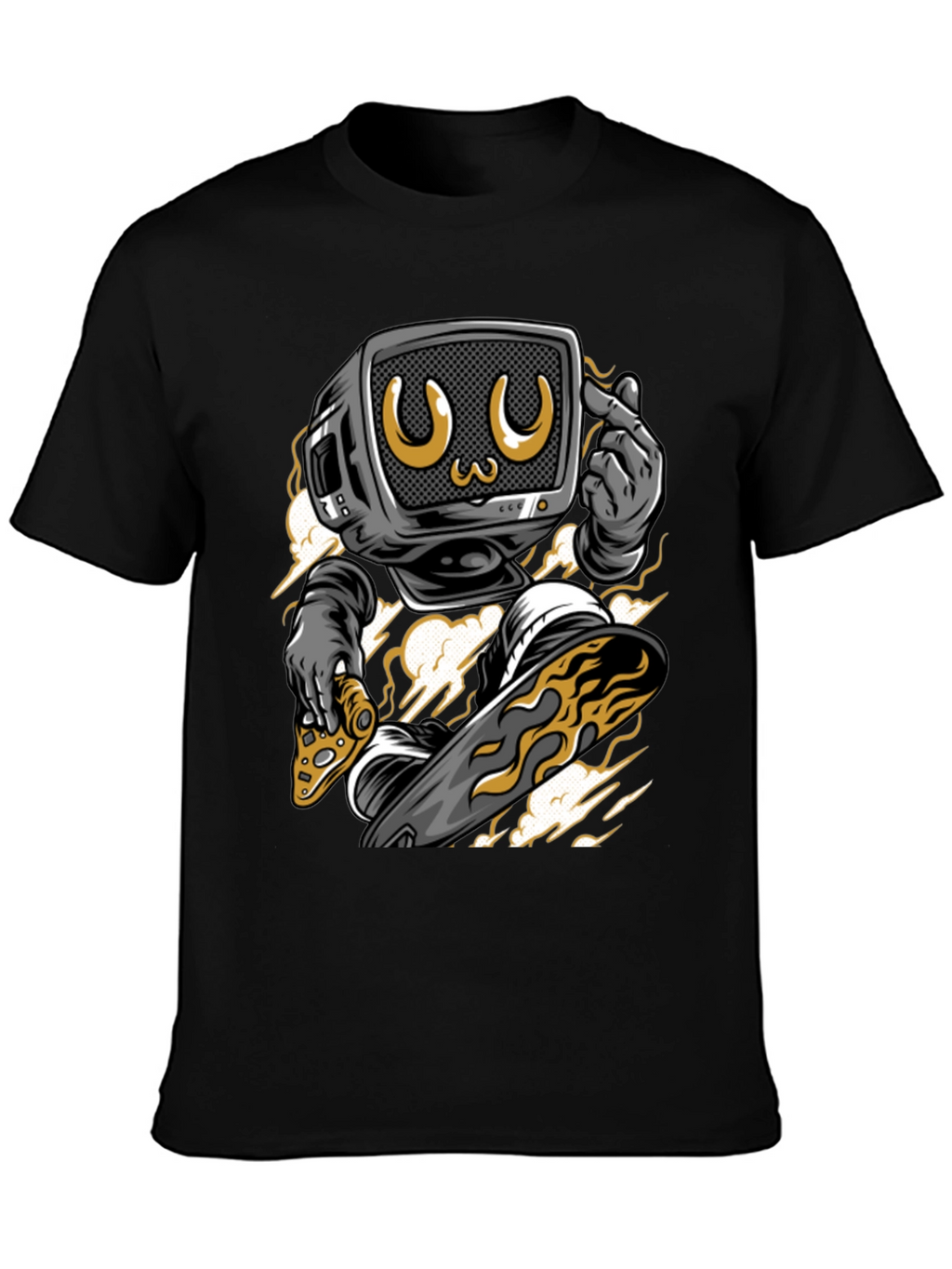 Retro TV Head Pizza Skateboarding Graphic Tee