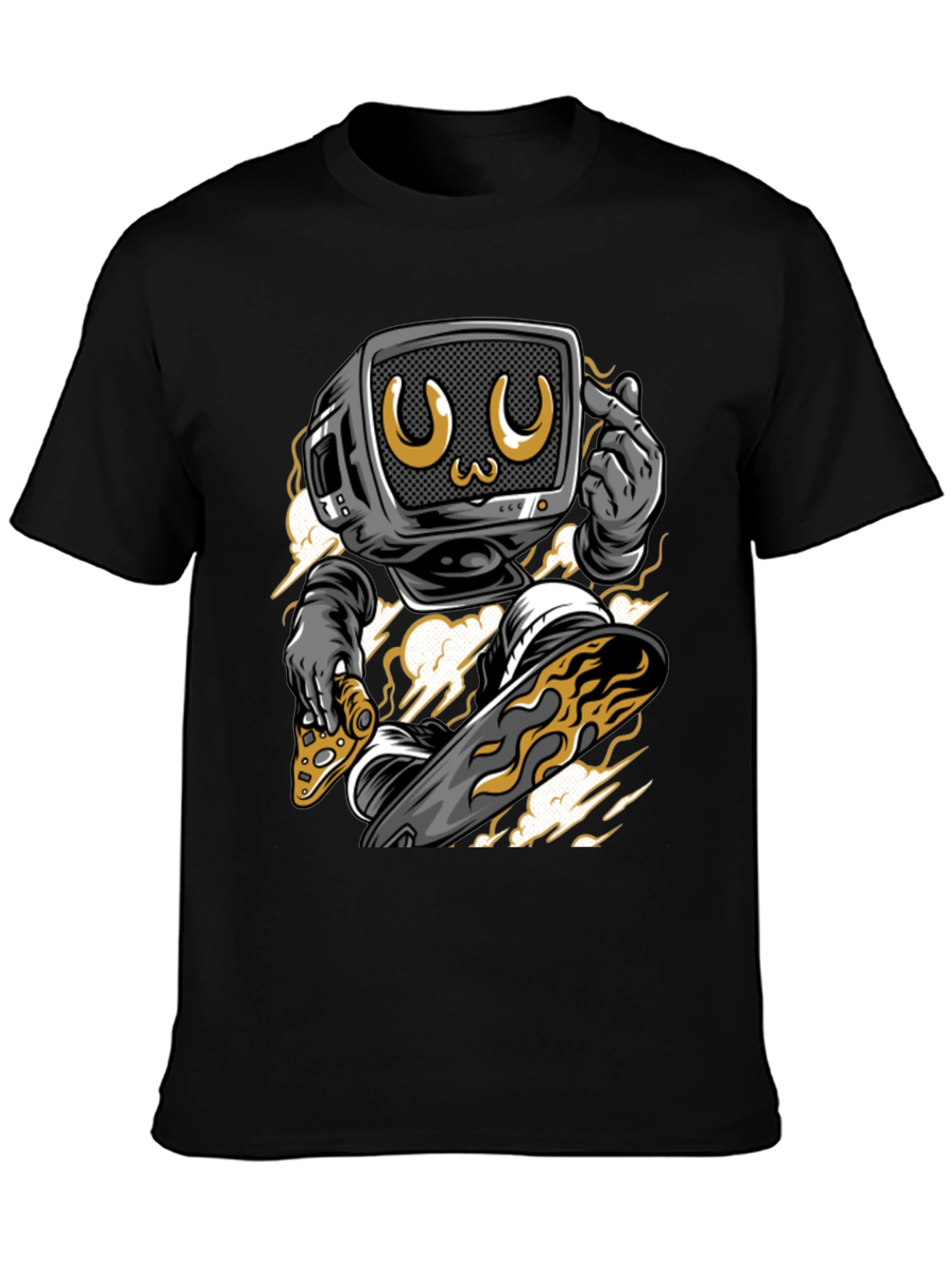 Retro TV Head Pizza Skateboarding Graphic Tee