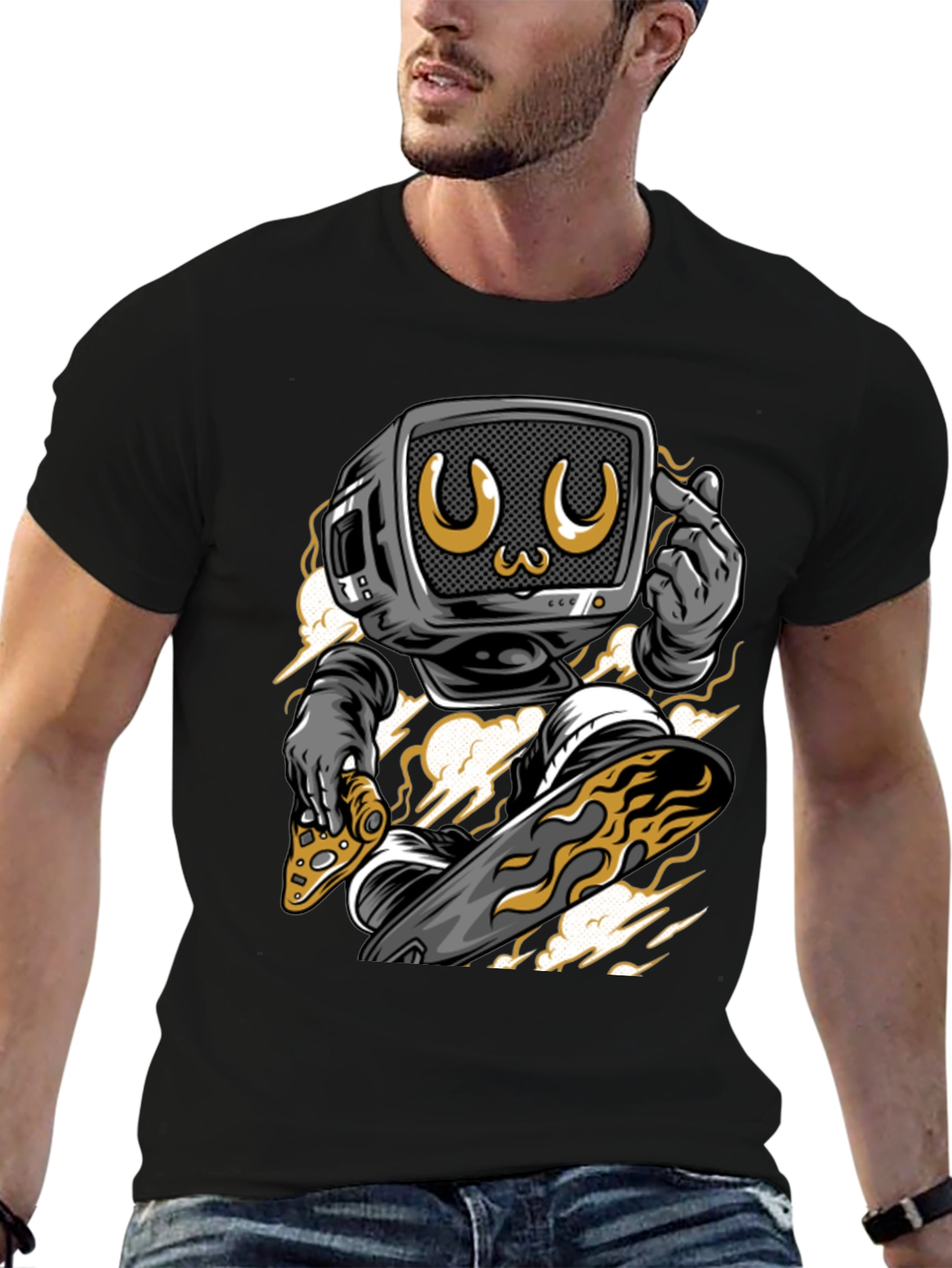 Retro TV Head Pizza Skateboarding Graphic Tee