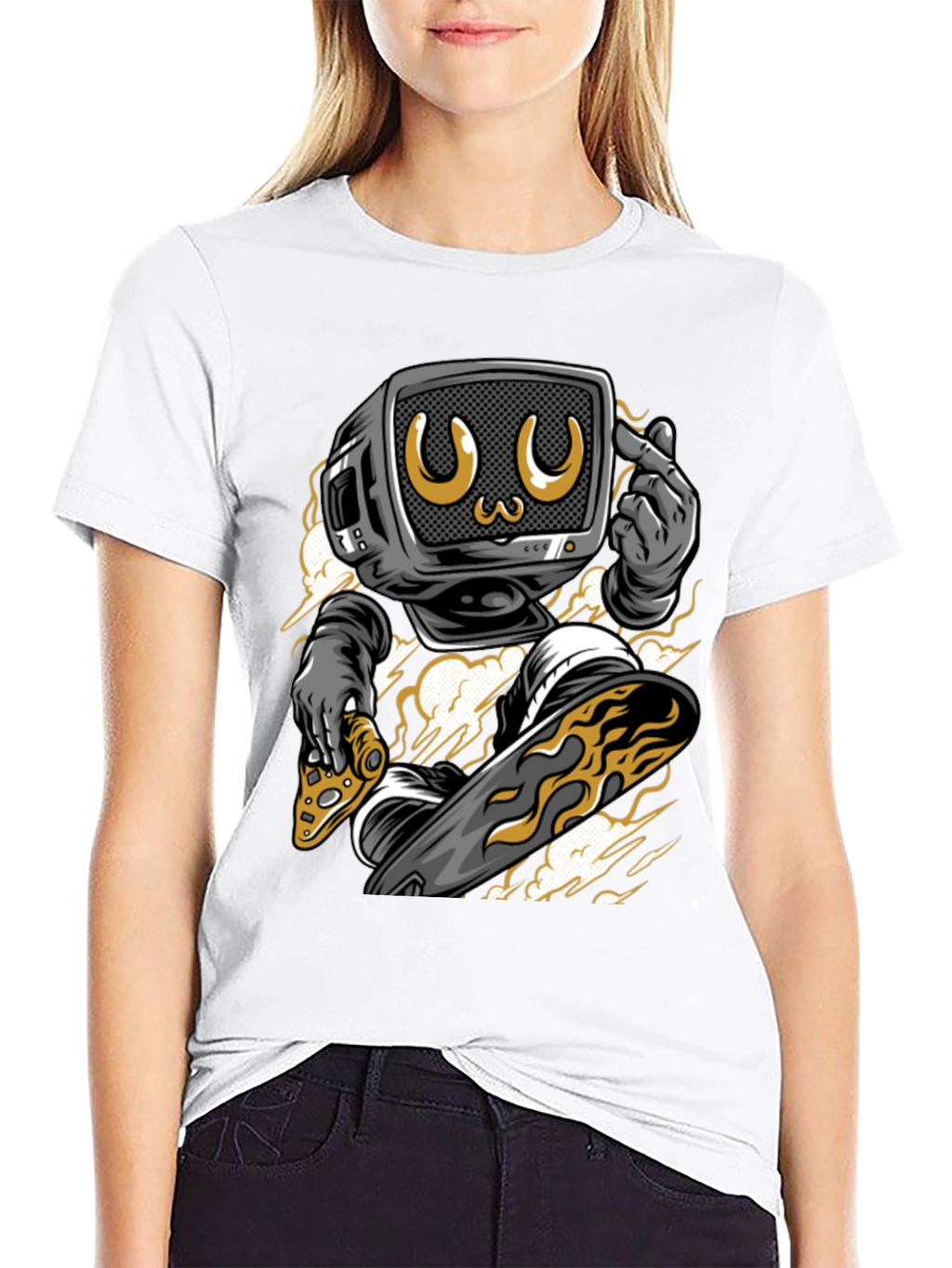 Retro TV Head Pizza Skateboarding Graphic Tee