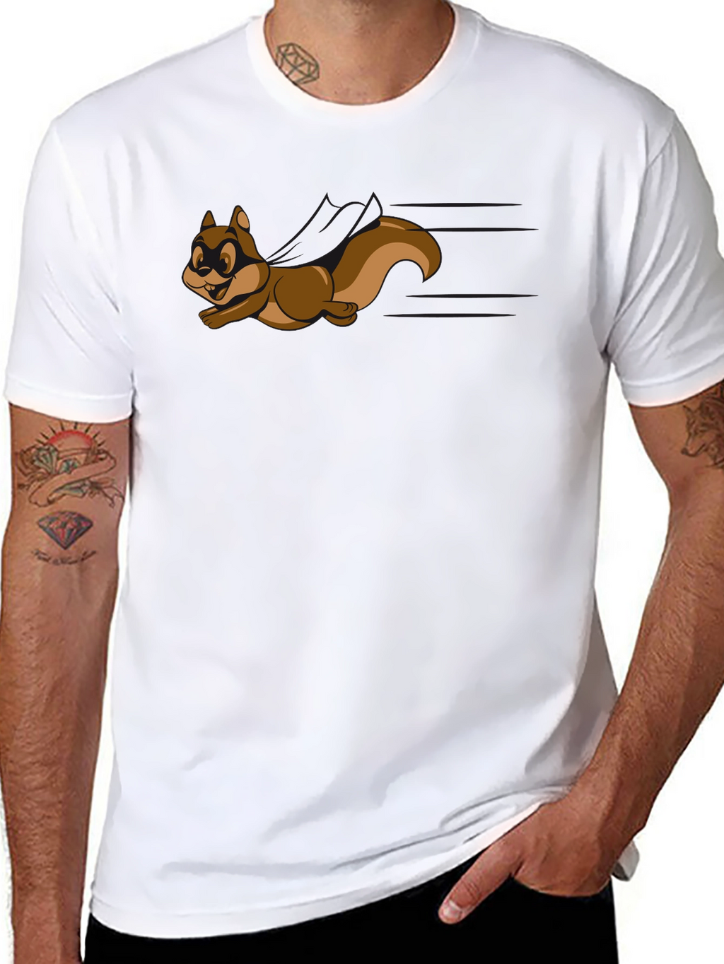 Cartoon Squirrel Graphic Tee - Black Crew Neck Shirt