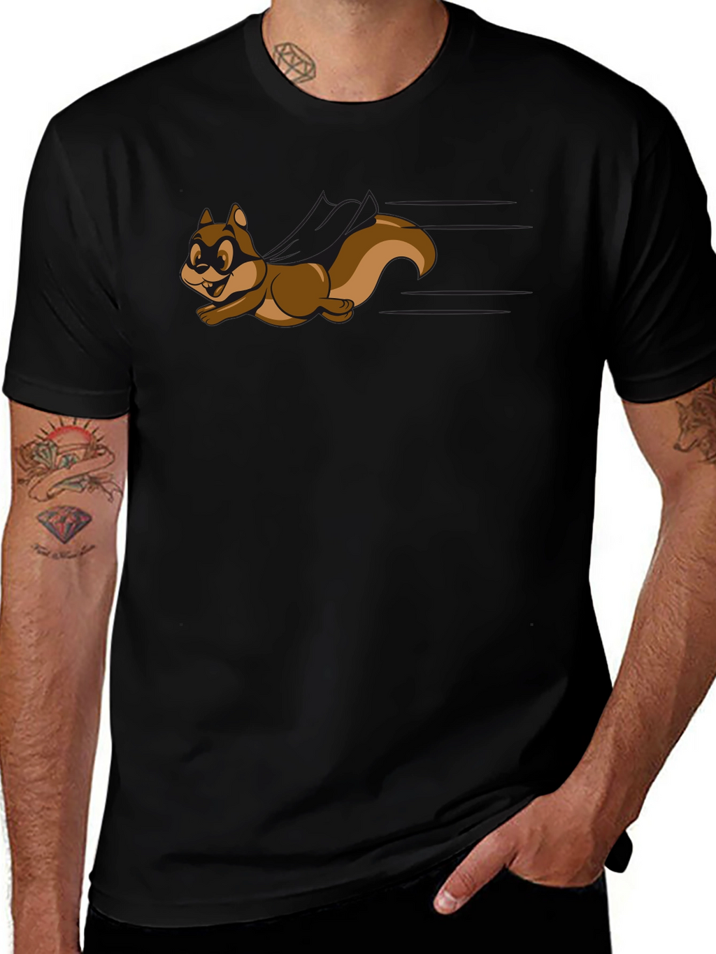 Cartoon Squirrel Graphic Tee - Black Crew Neck Shirt