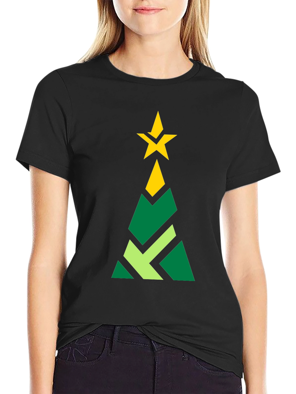 Geometric Christmas Tree Graphic Tee - Black