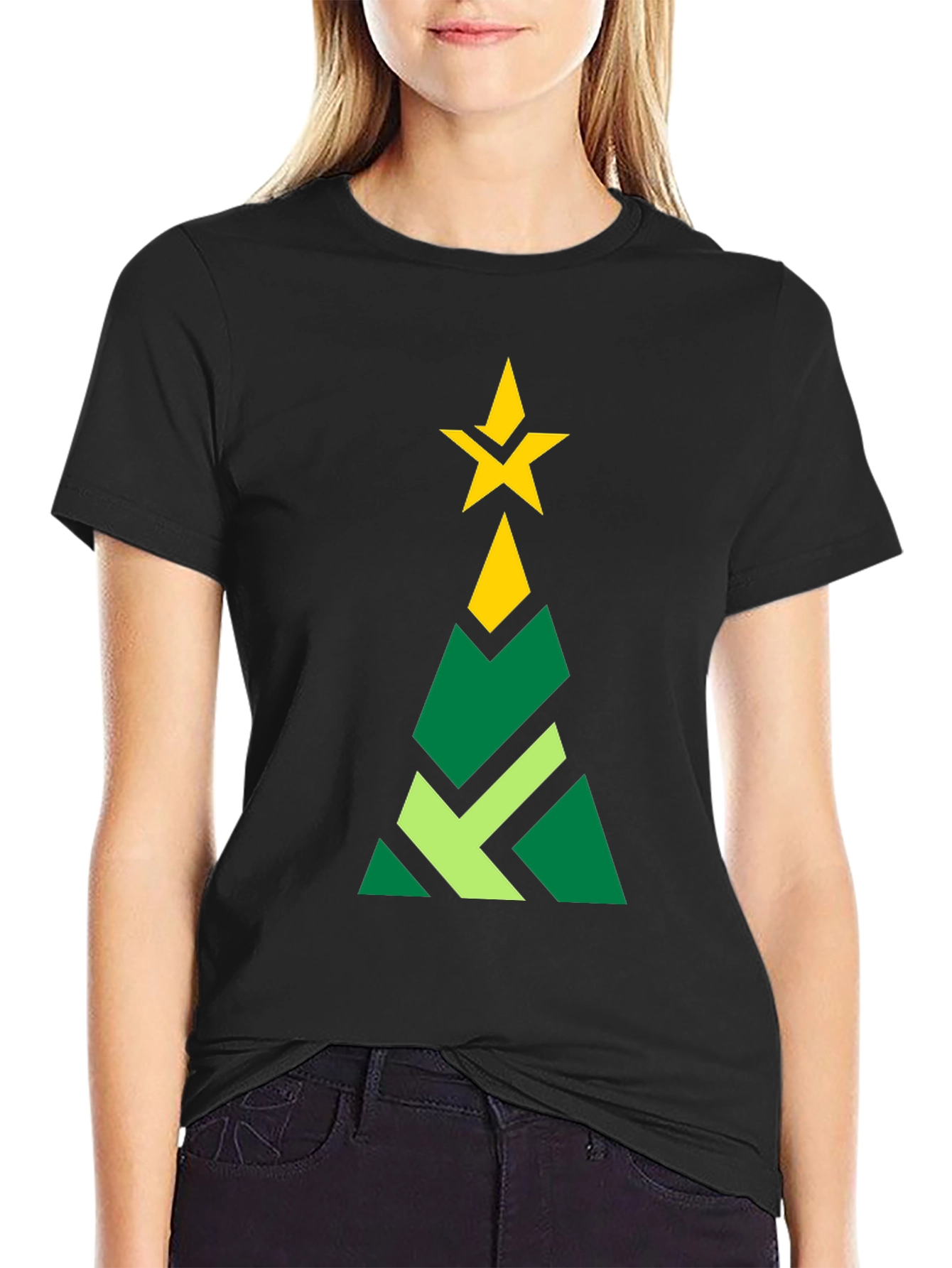 Geometric Christmas Tree Graphic Tee - Black