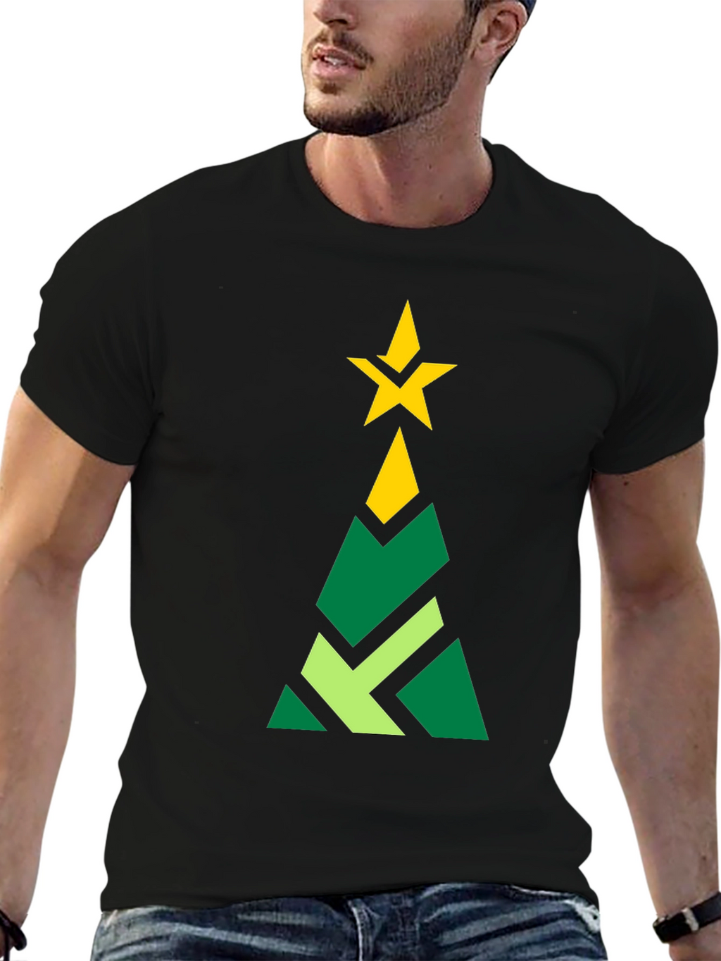 Geometric Christmas Tree Graphic Tee - Black