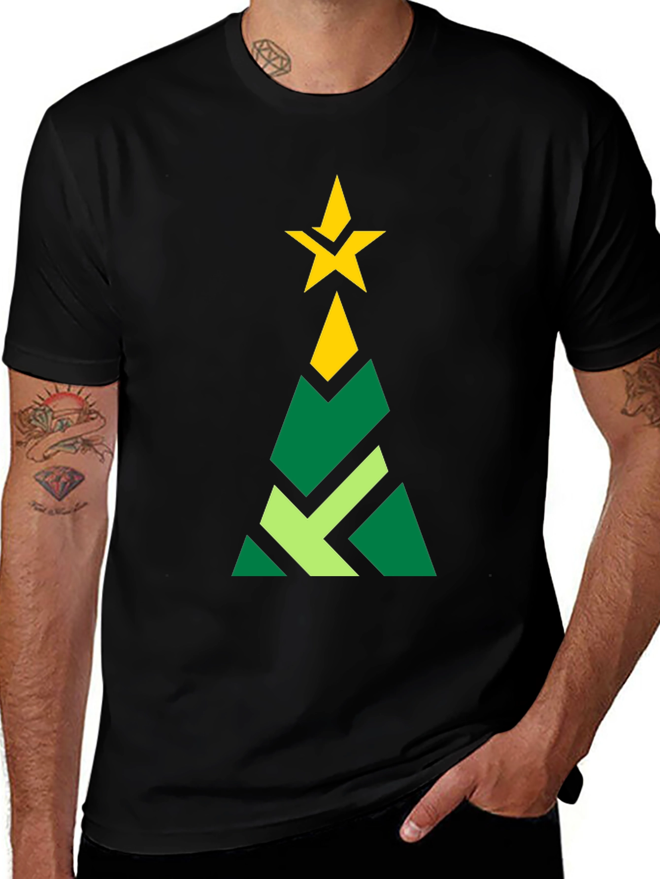 Geometric Christmas Tree Graphic Tee - Black