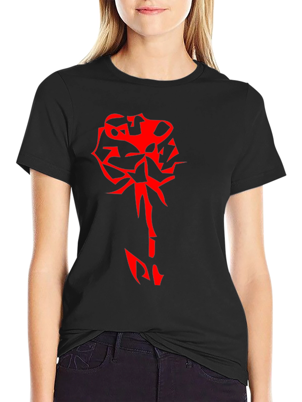 Edgy Red Rose Graphic Black T-Shirt