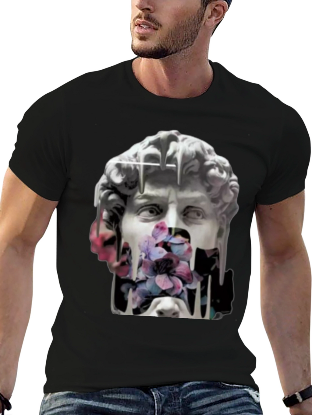 David Statue Floral Art T-Shirt - Black