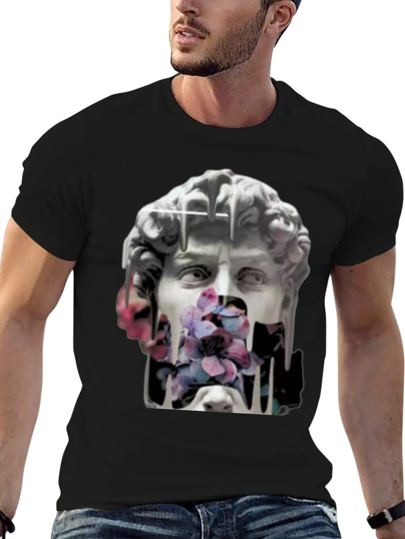 David Statue Floral Art T-Shirt - Black