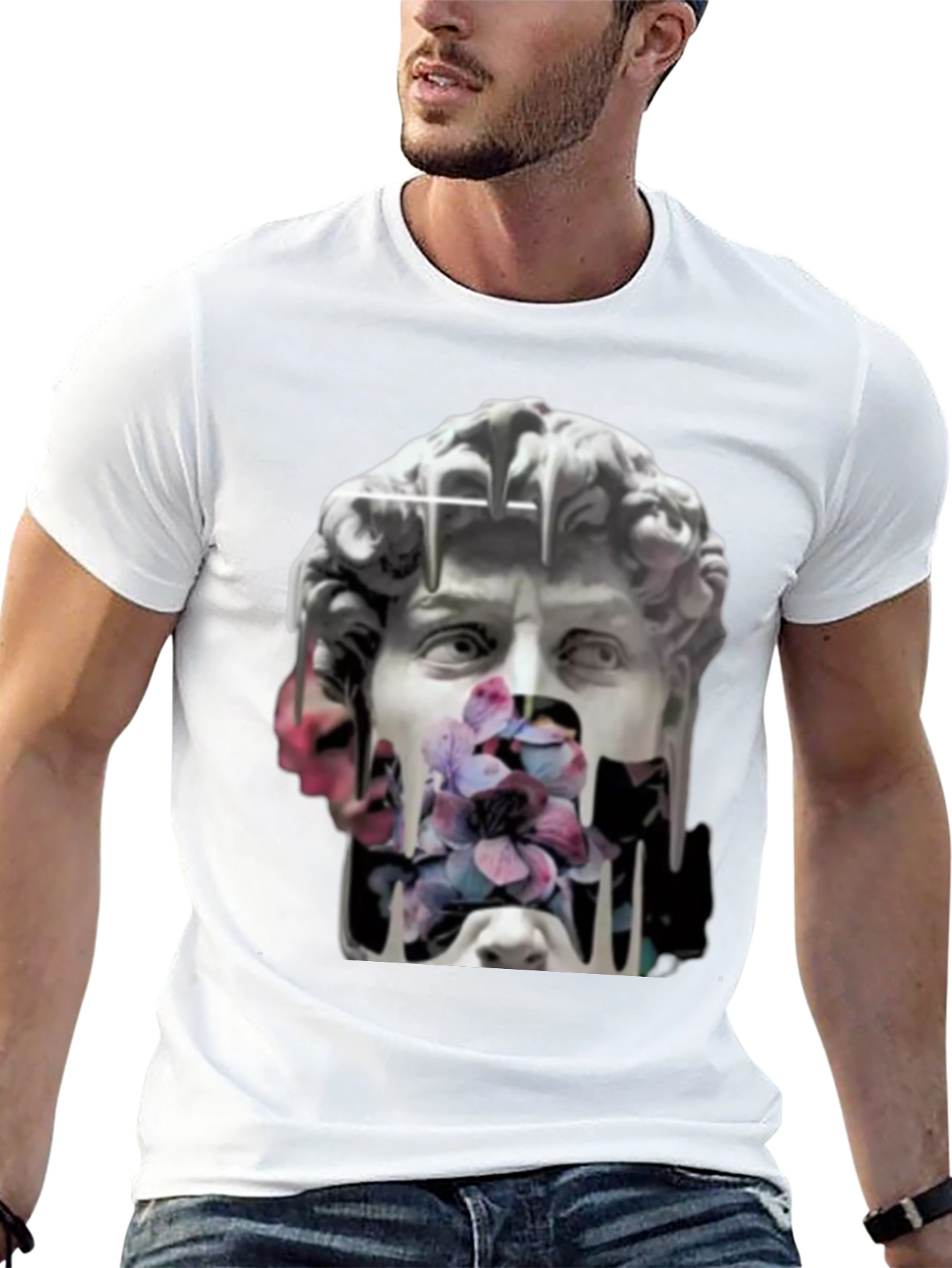 David Statue Floral Art T-Shirt - Black