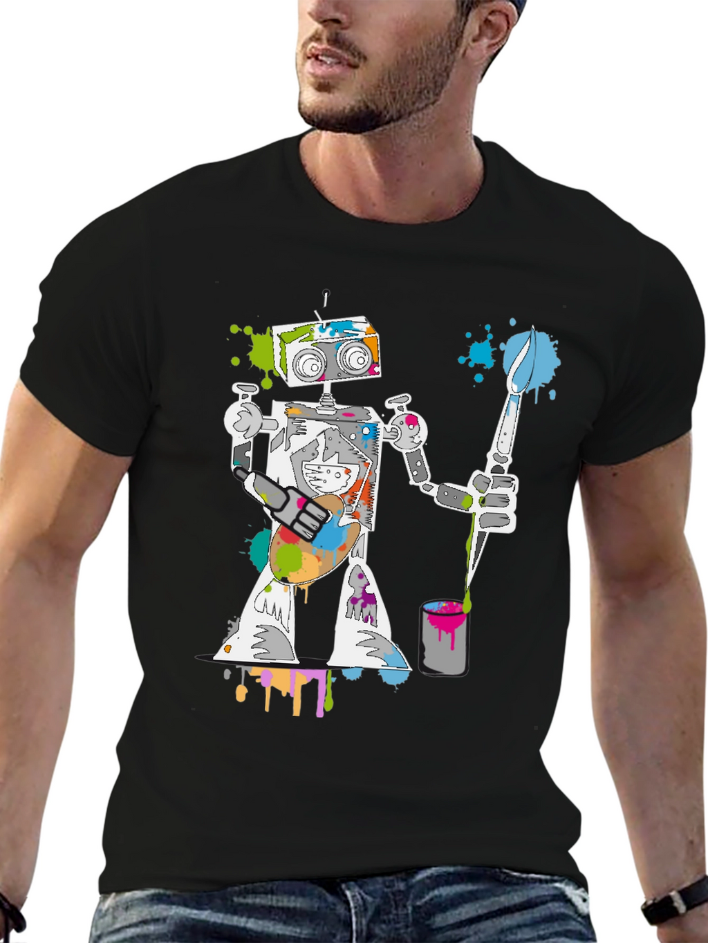 Robot Painter Graphic Tee - Unique Artistic Design