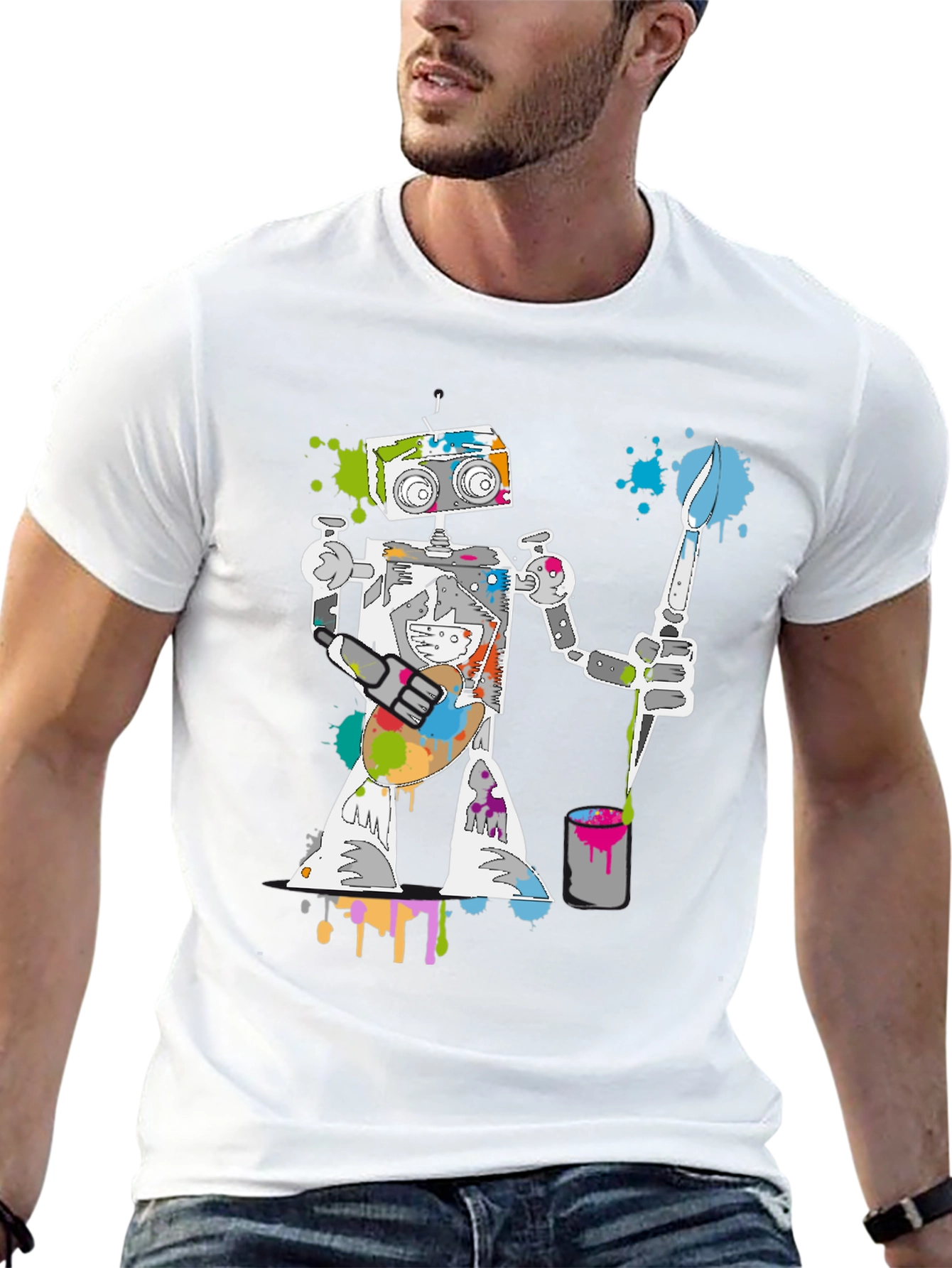 Robot Painter Graphic Tee - Unique Artistic Design