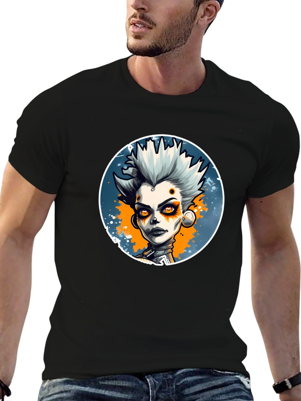 Punk Style Graphic Tee - Black Cotton Blend