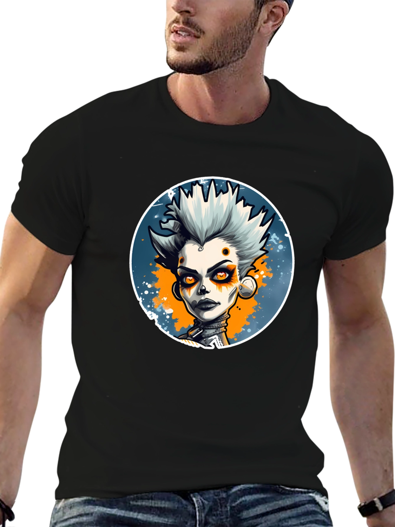 Punk Style Graphic Tee - Black Cotton Blend