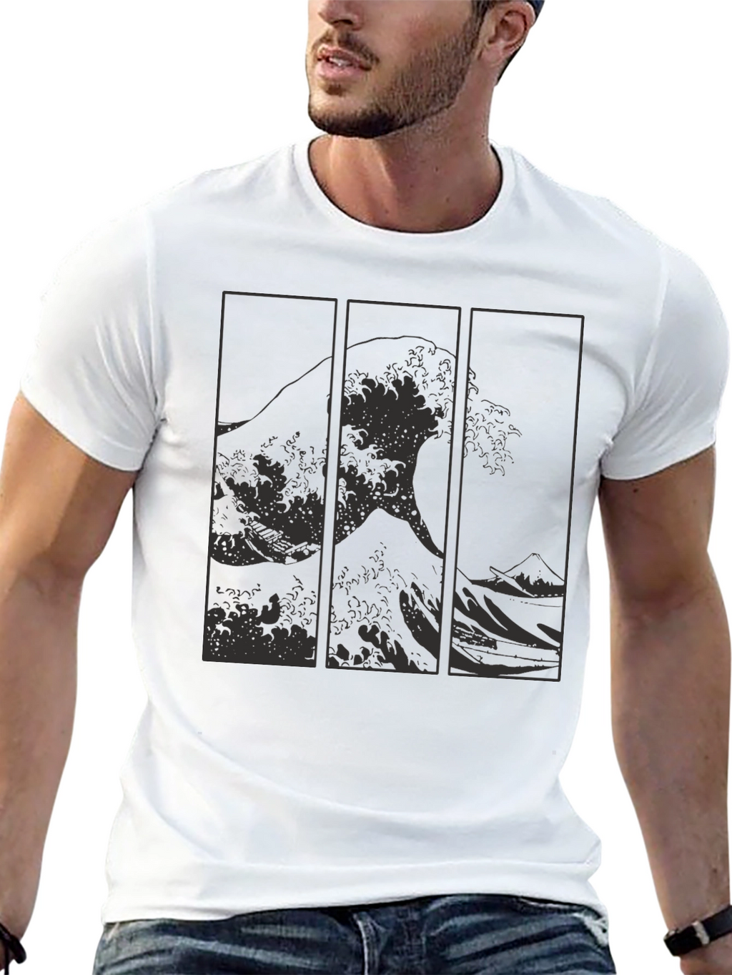 Great Wave Triptych Black T-Shirt - Artistic Style