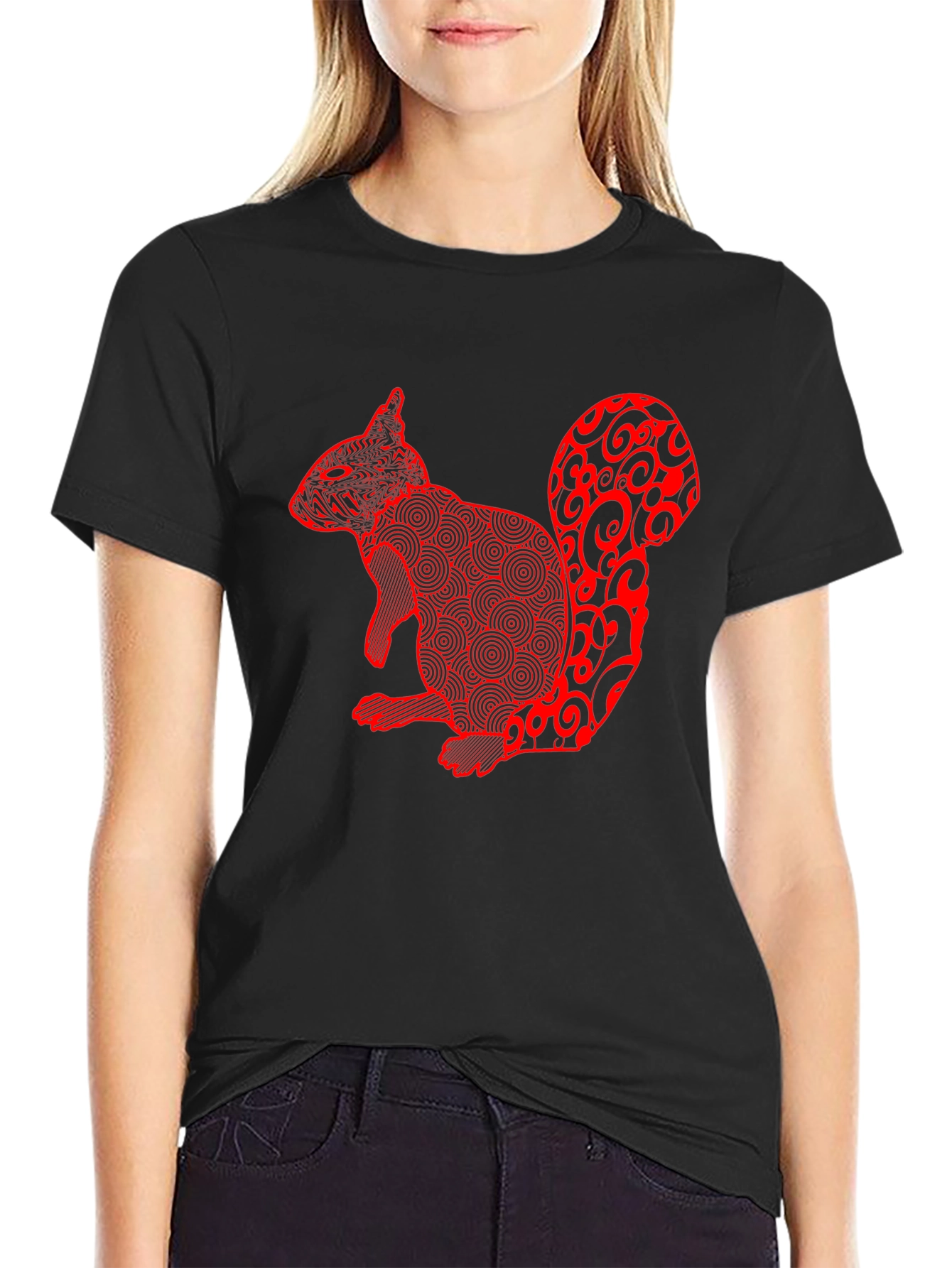 Squirrel Graphic Tee - Black Cotton Blend Casual Wear