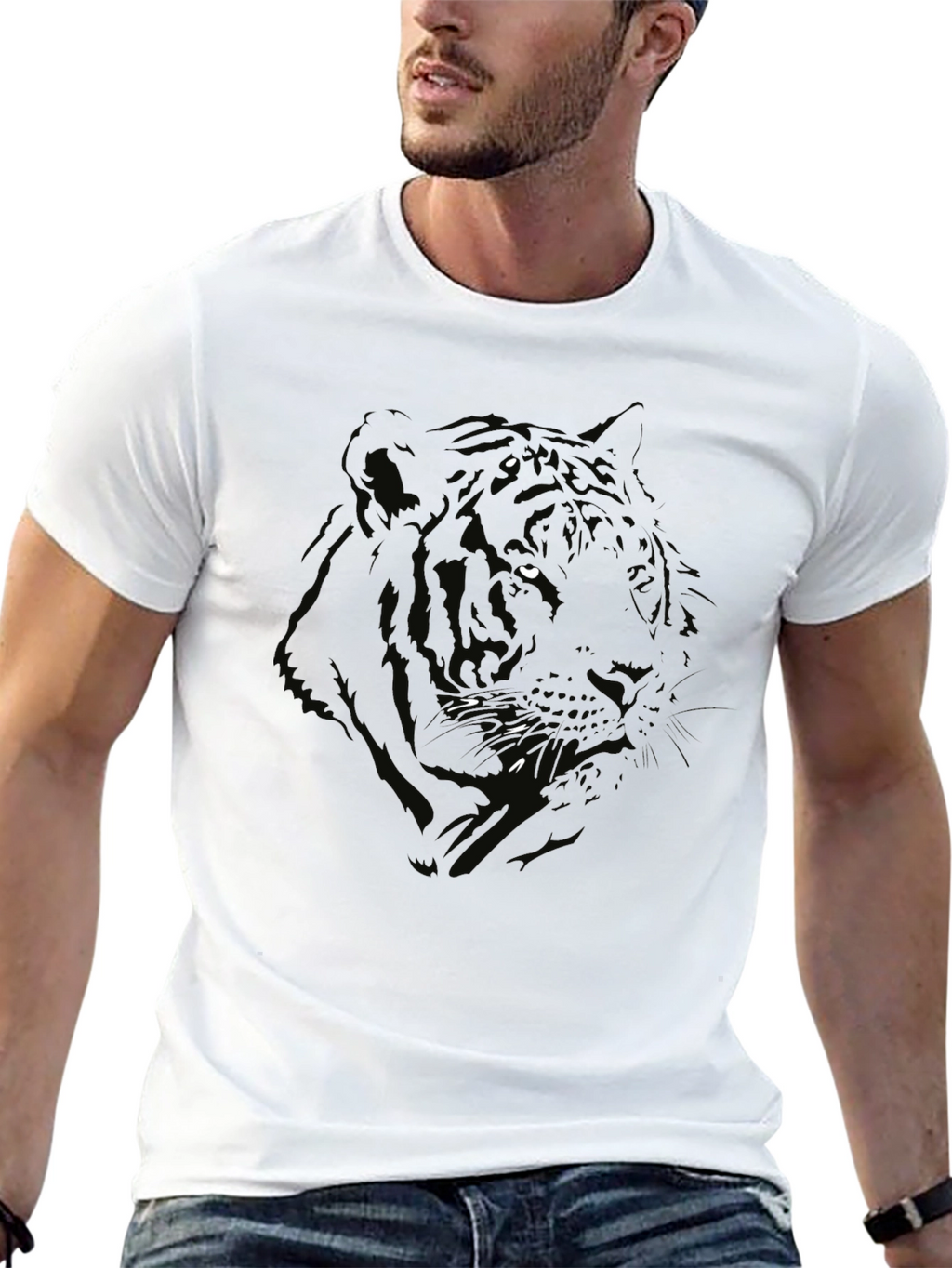 Mens Black Tiger Graphic Print Crew Neck T-Shirt