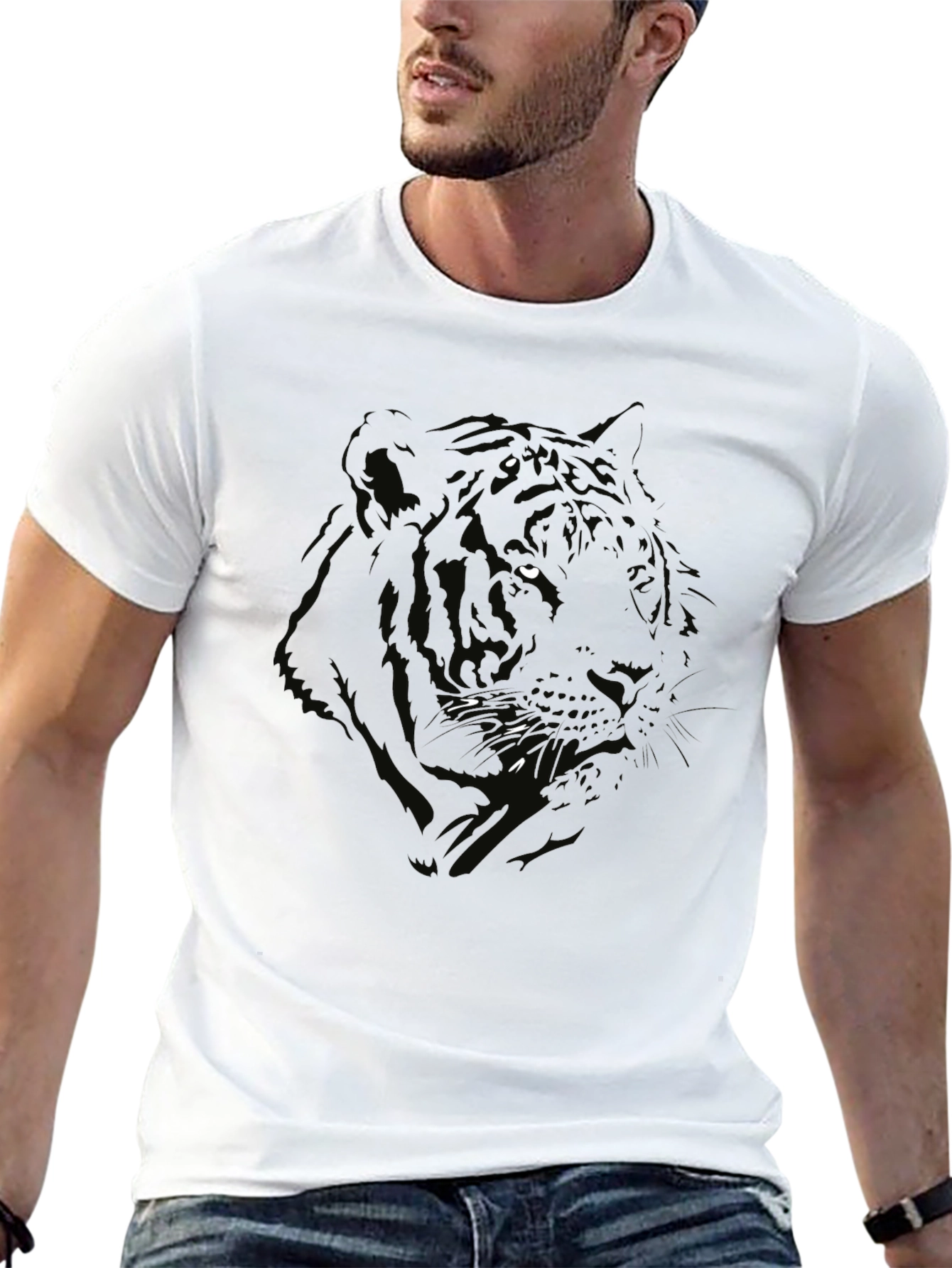 Mens Black Tiger Graphic Print Crew Neck T-Shirt