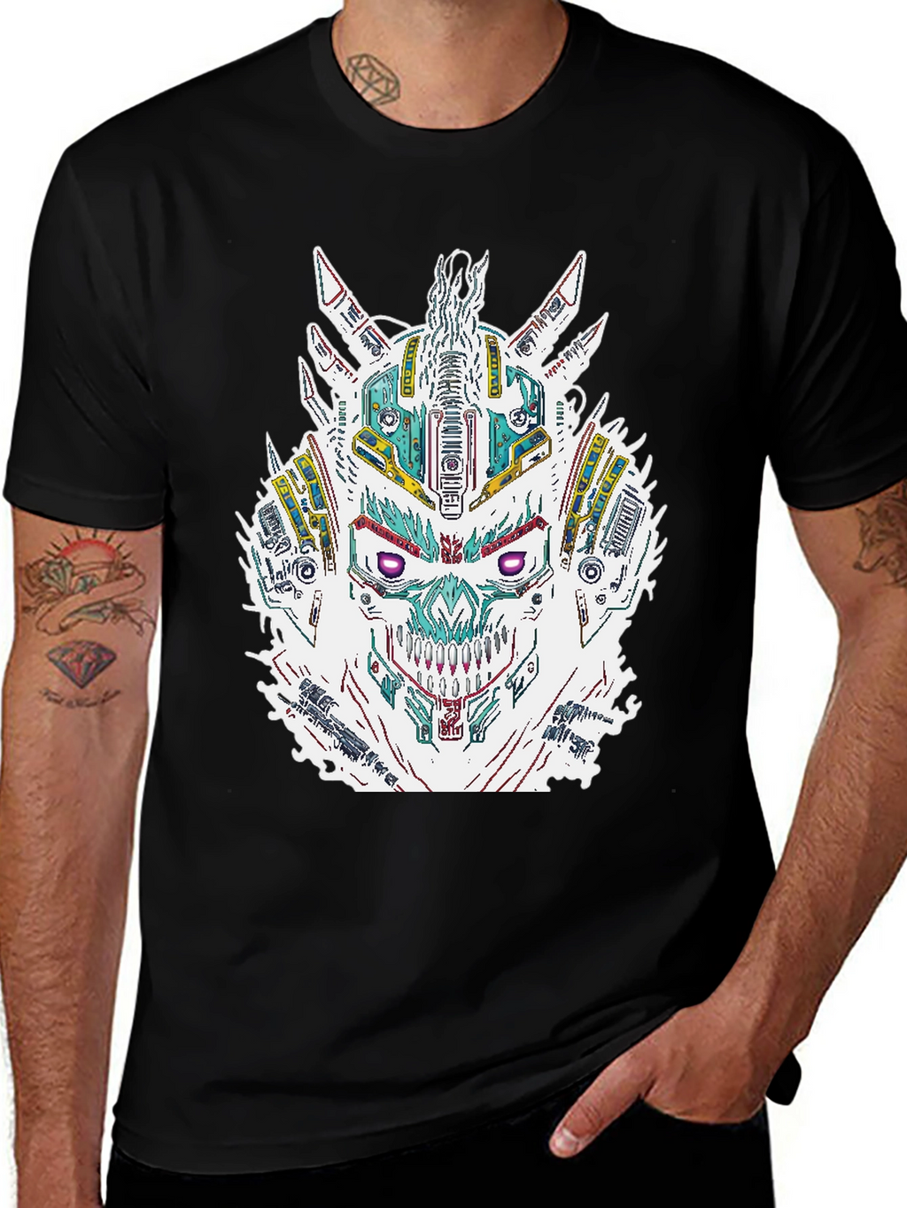 Cyberpunk Skull Graphic Print Black T-Shirt