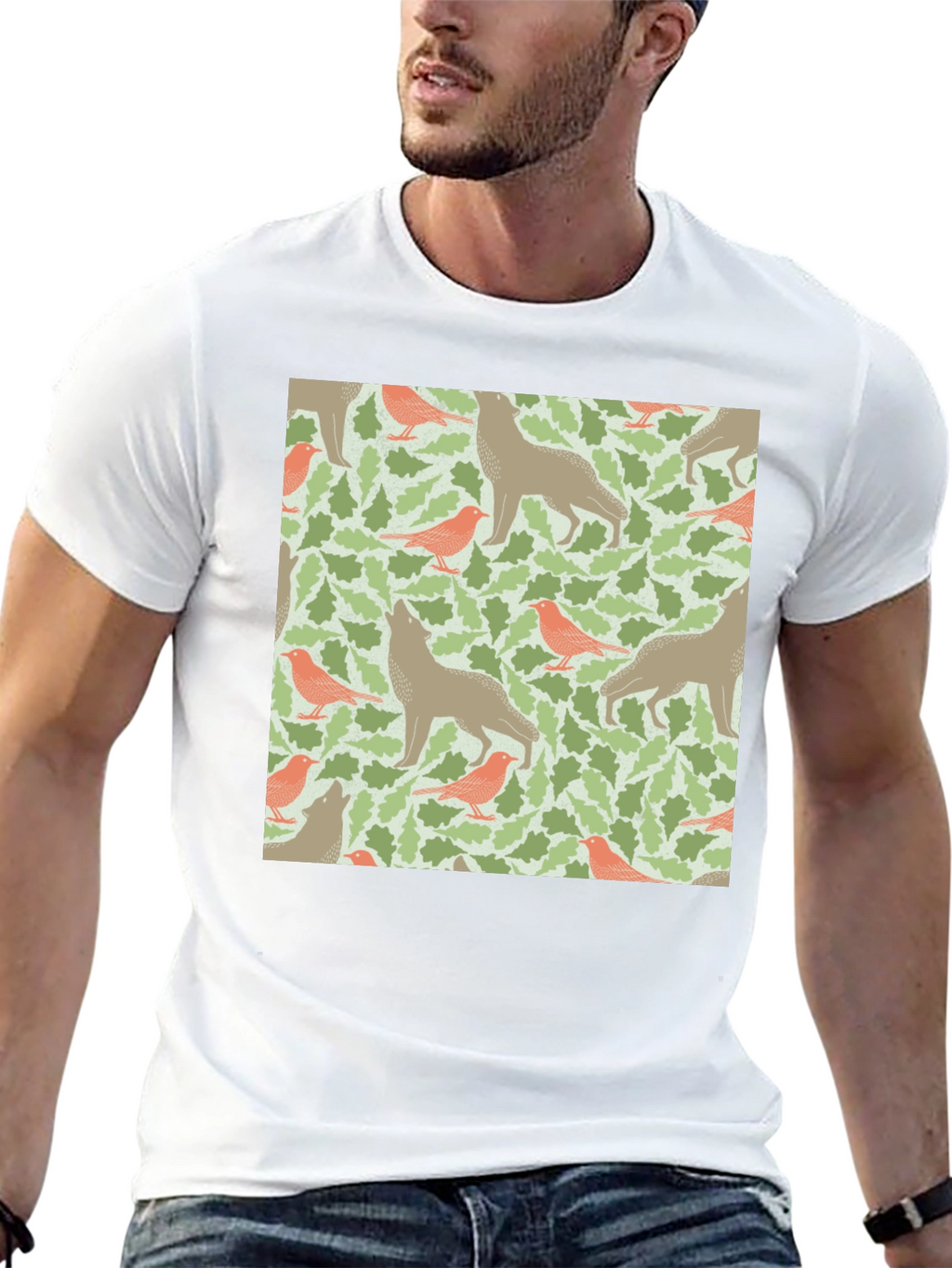 Wolf and Bird Pattern T-Shirt
