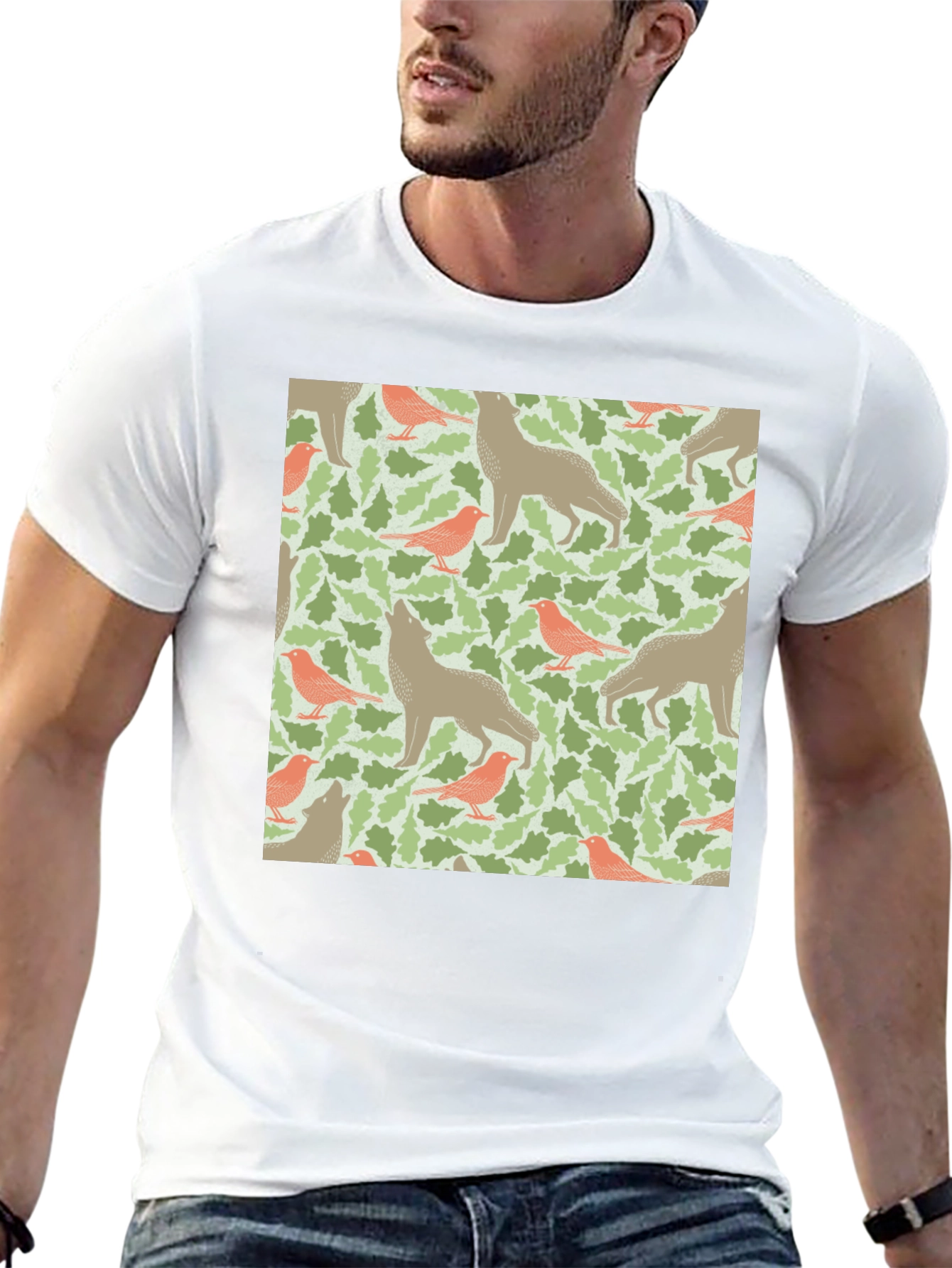 Wolf and Bird Pattern T-Shirt