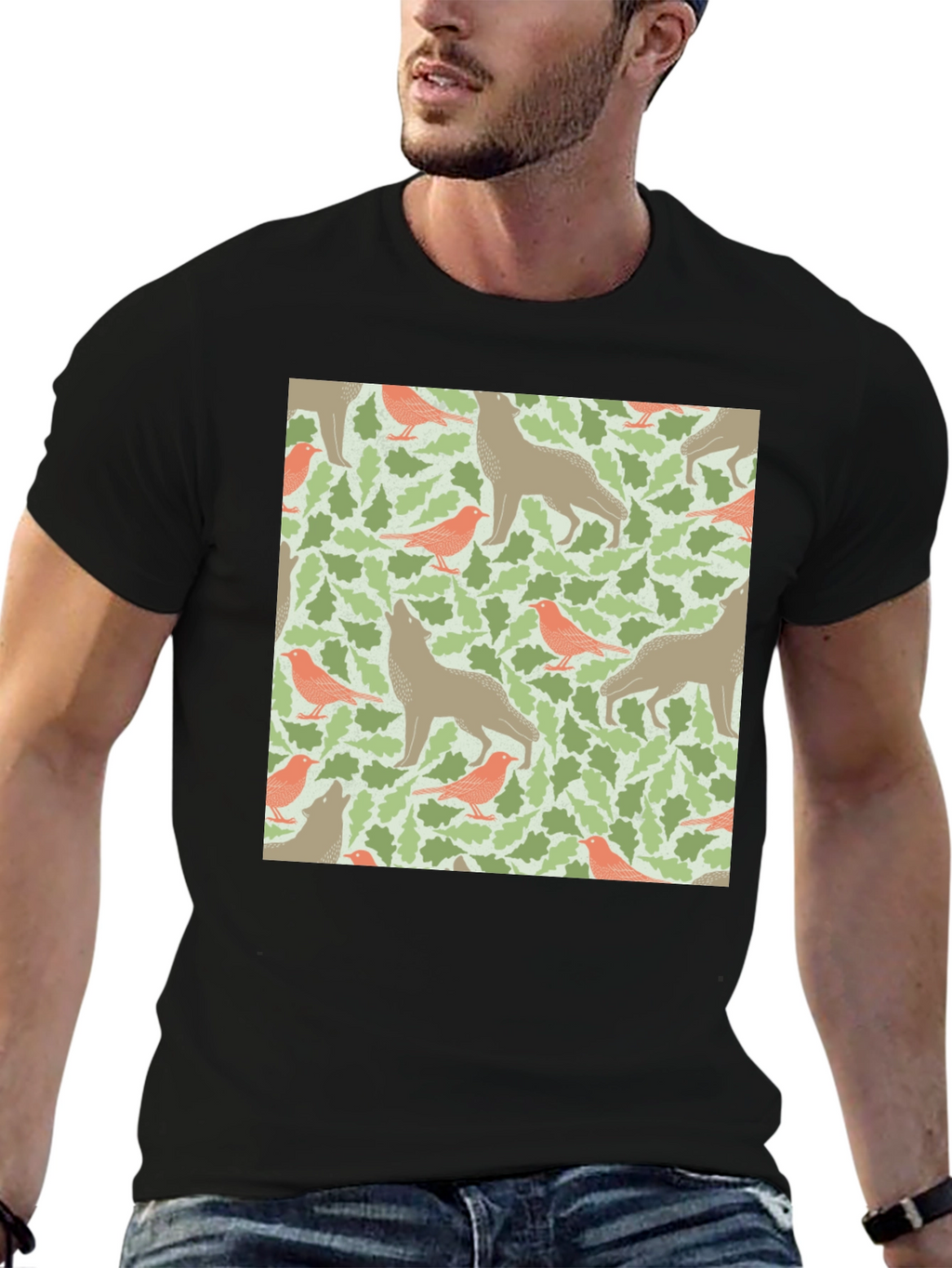 Wolf and Bird Pattern T-Shirt