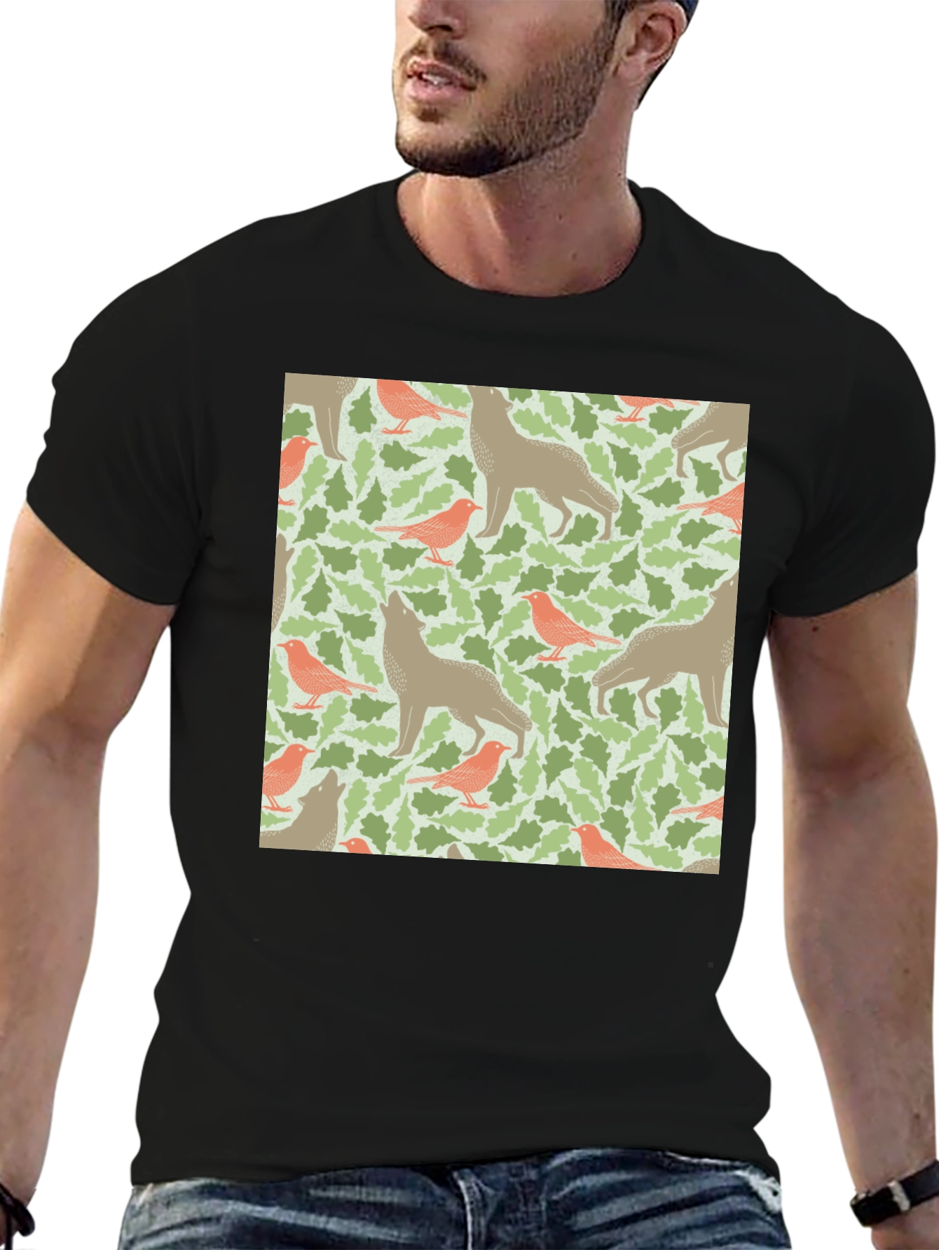 Wolf and Bird Pattern T-Shirt