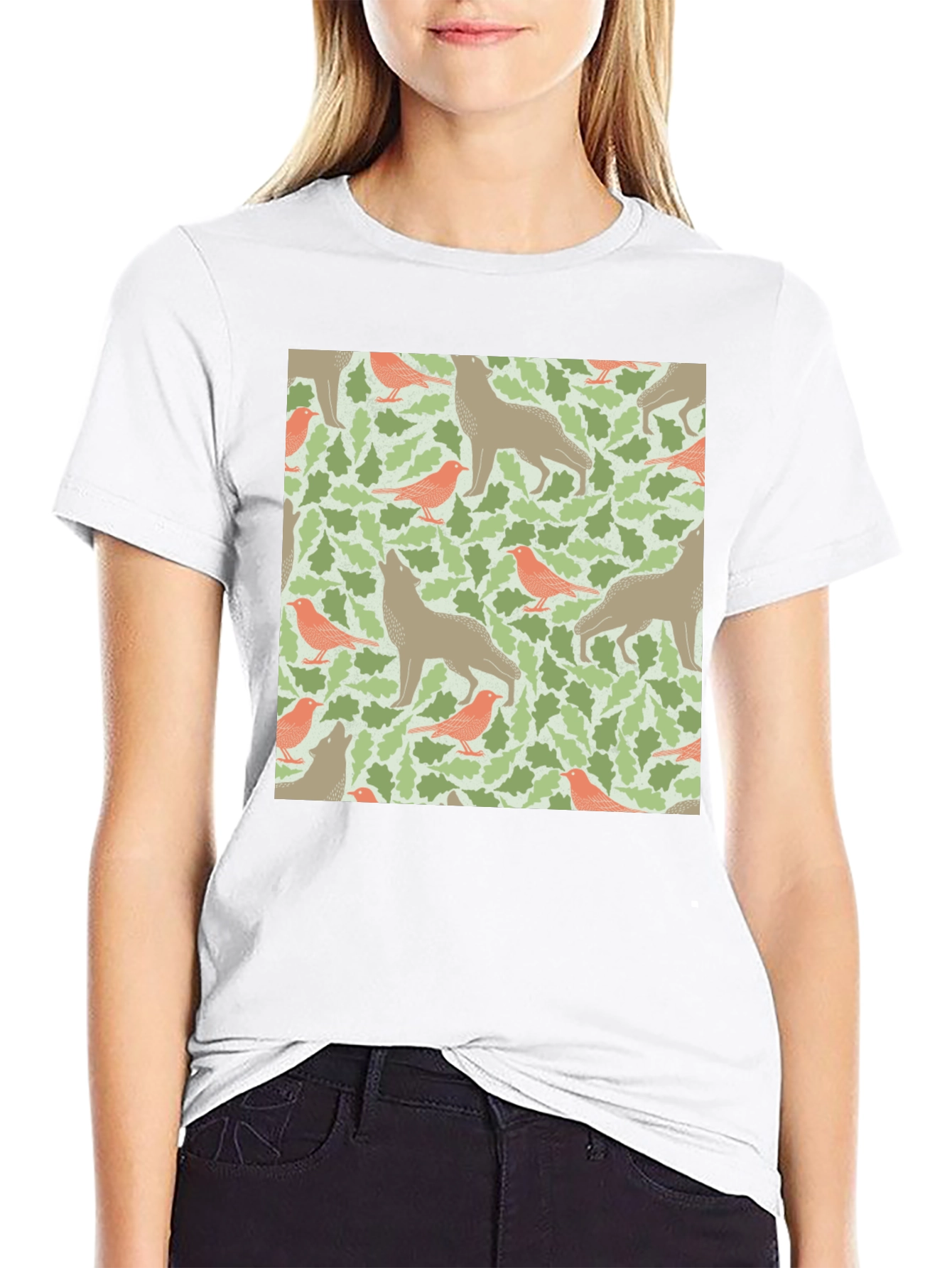 Wolf and Bird Pattern T-Shirt