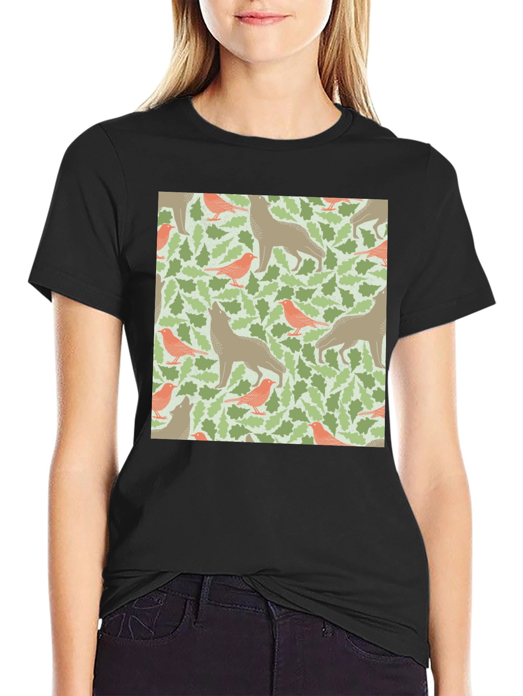 Wolf and Bird Pattern T-Shirt