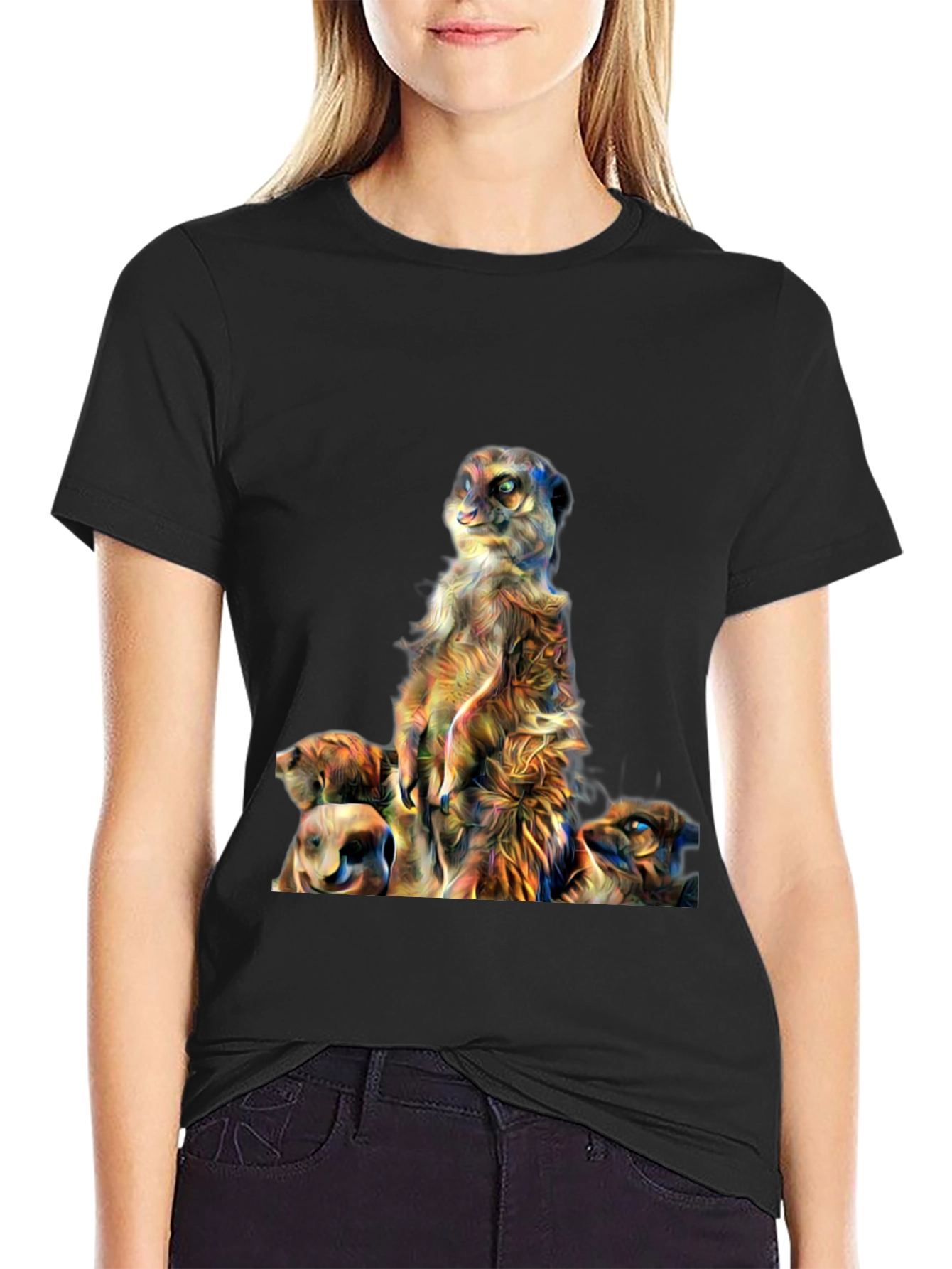 Meerkat Family Art Print Mens Black T-Shirt