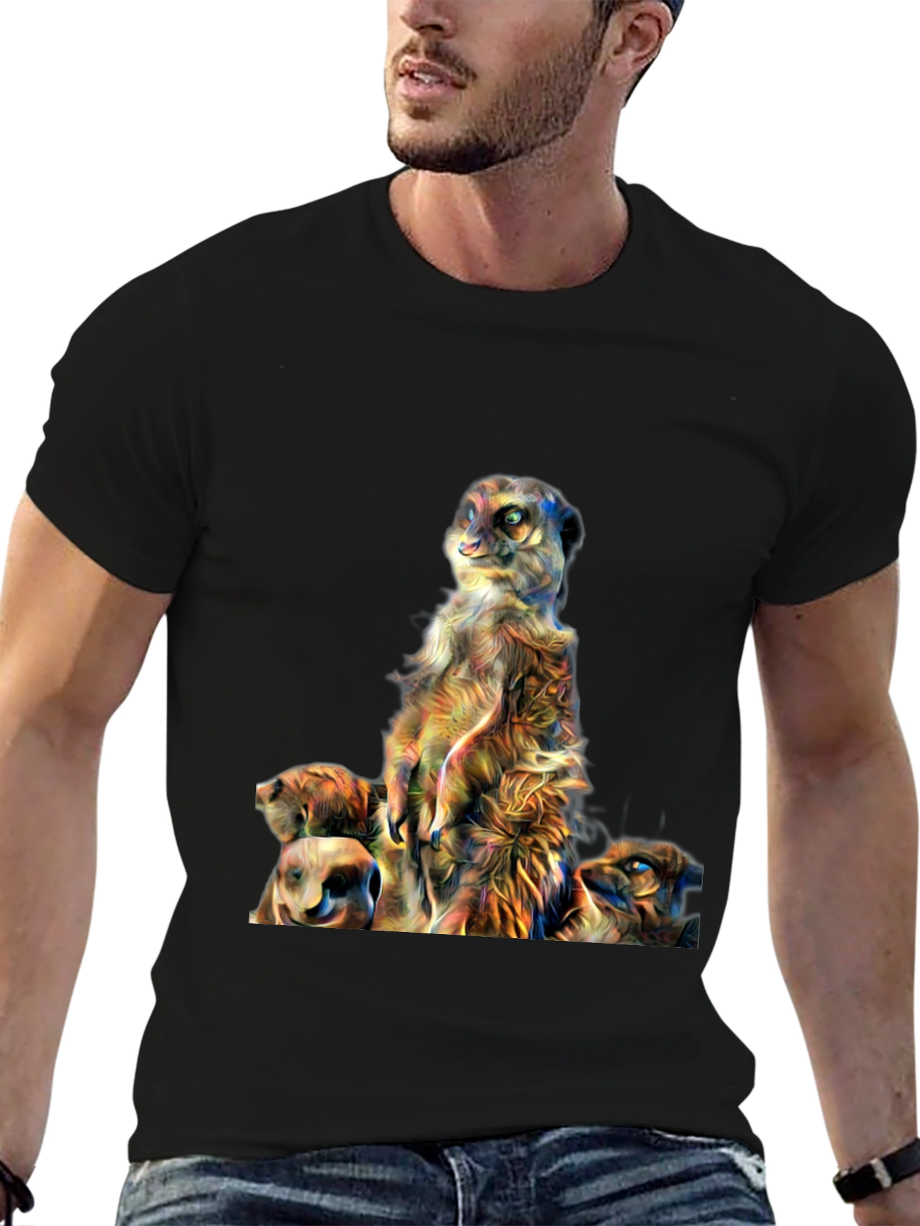 Meerkat Family Art Print Mens Black T-Shirt