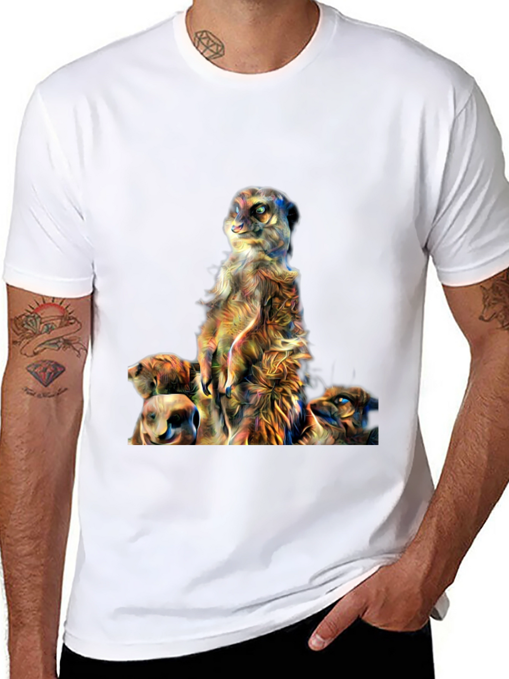 Meerkat Family Art Print Mens Black T-Shirt