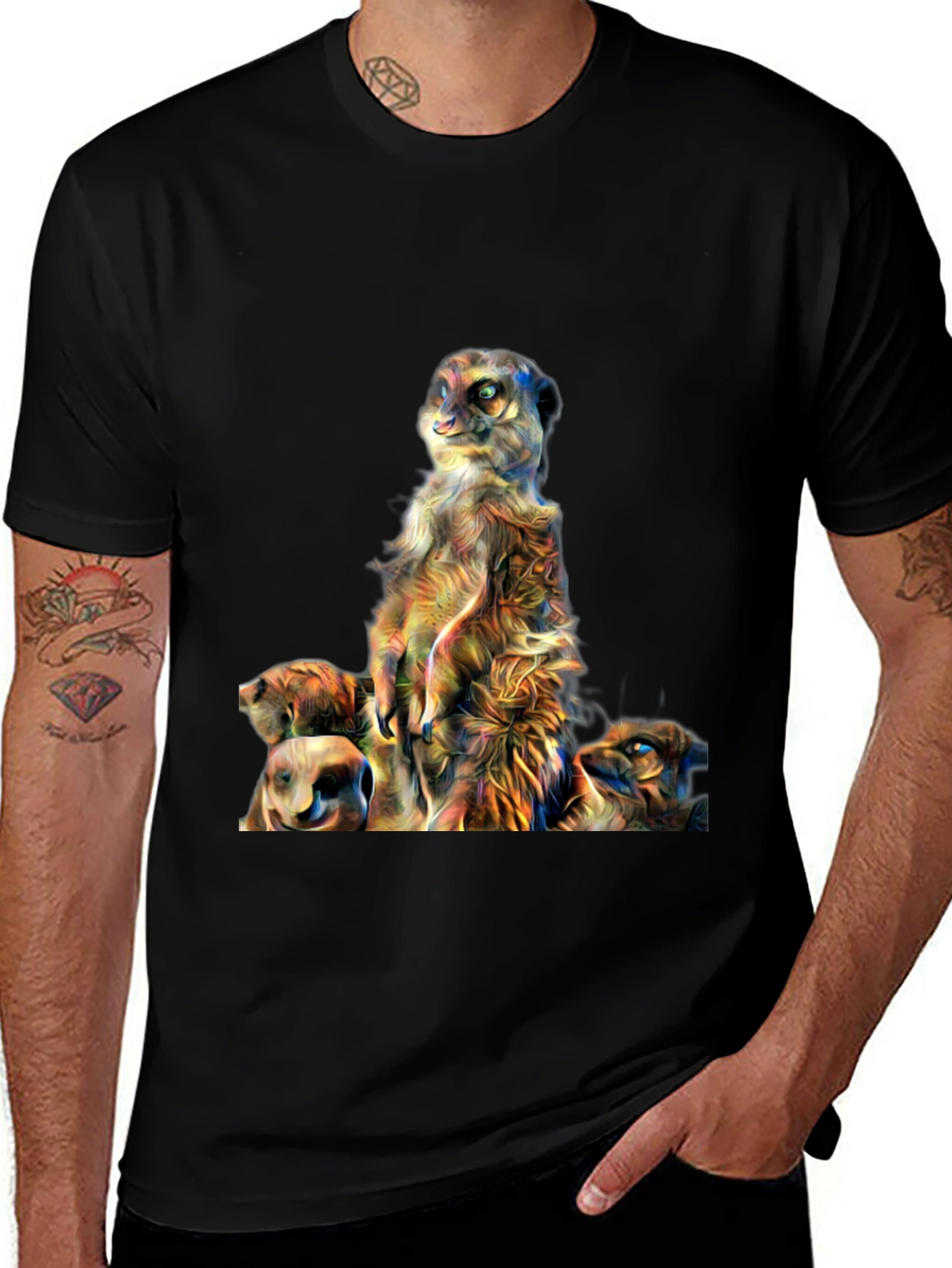 Meerkat Family Art Print Mens Black T-Shirt