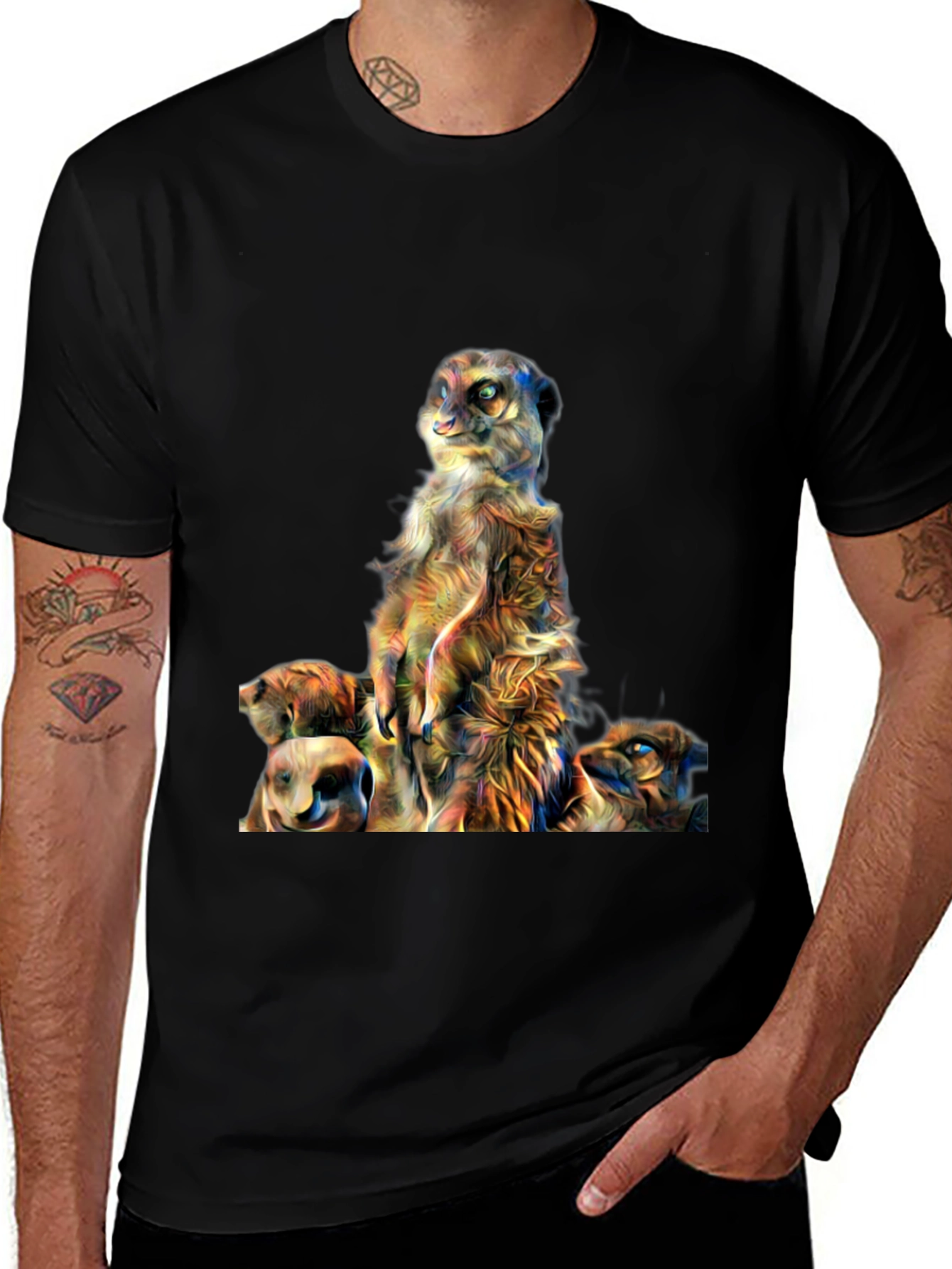 Meerkat Family Art Print Mens Black T-Shirt