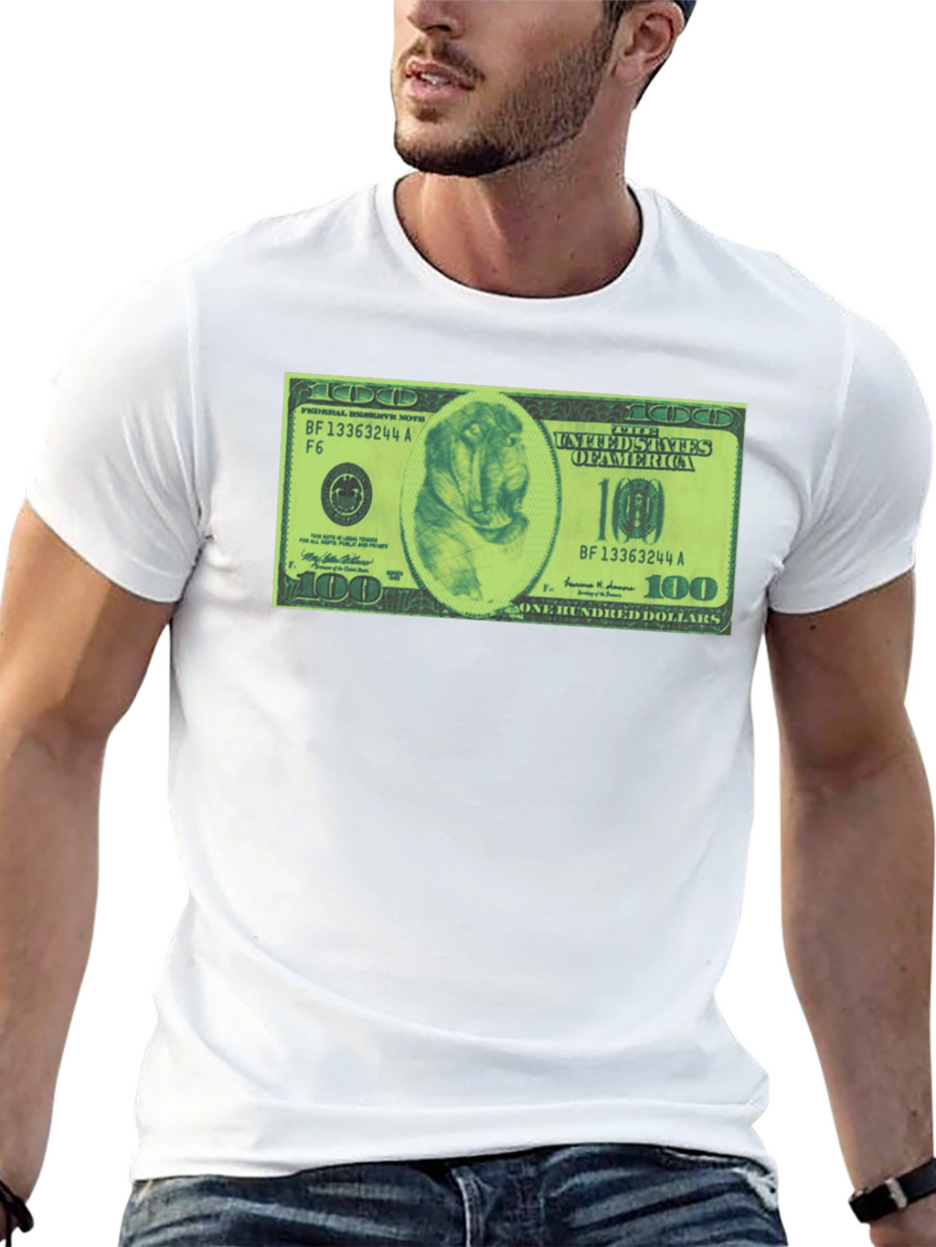 Mens Black Graphic Tee with Dog Dollar Bill Design