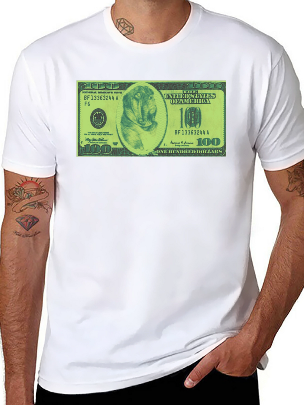 Mens Black Graphic Tee with Dog Dollar Bill Design