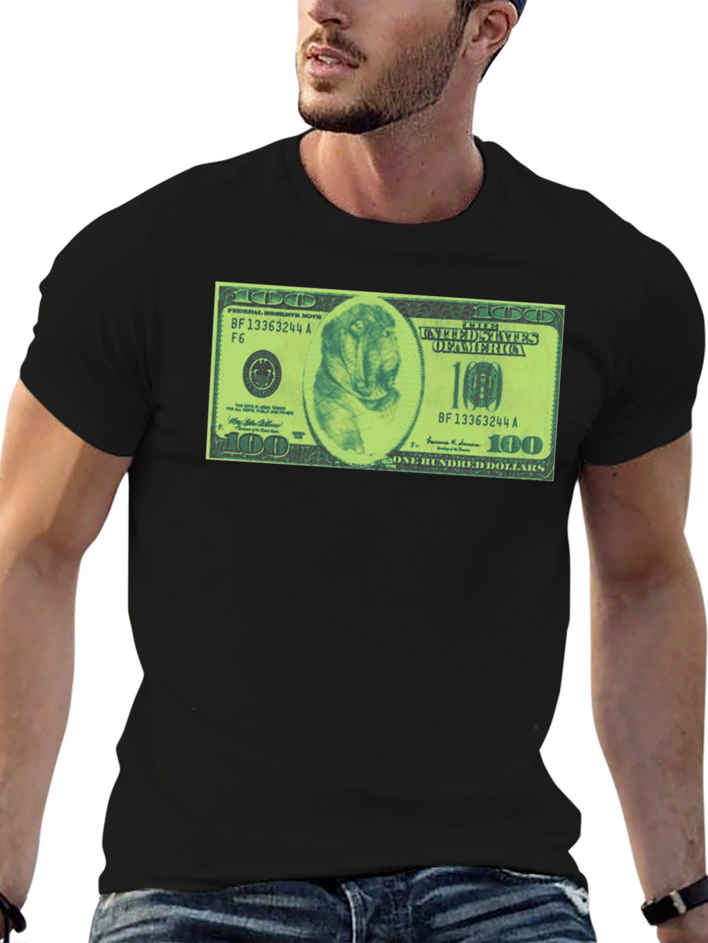 Mens Black Graphic Tee with Dog Dollar Bill Design