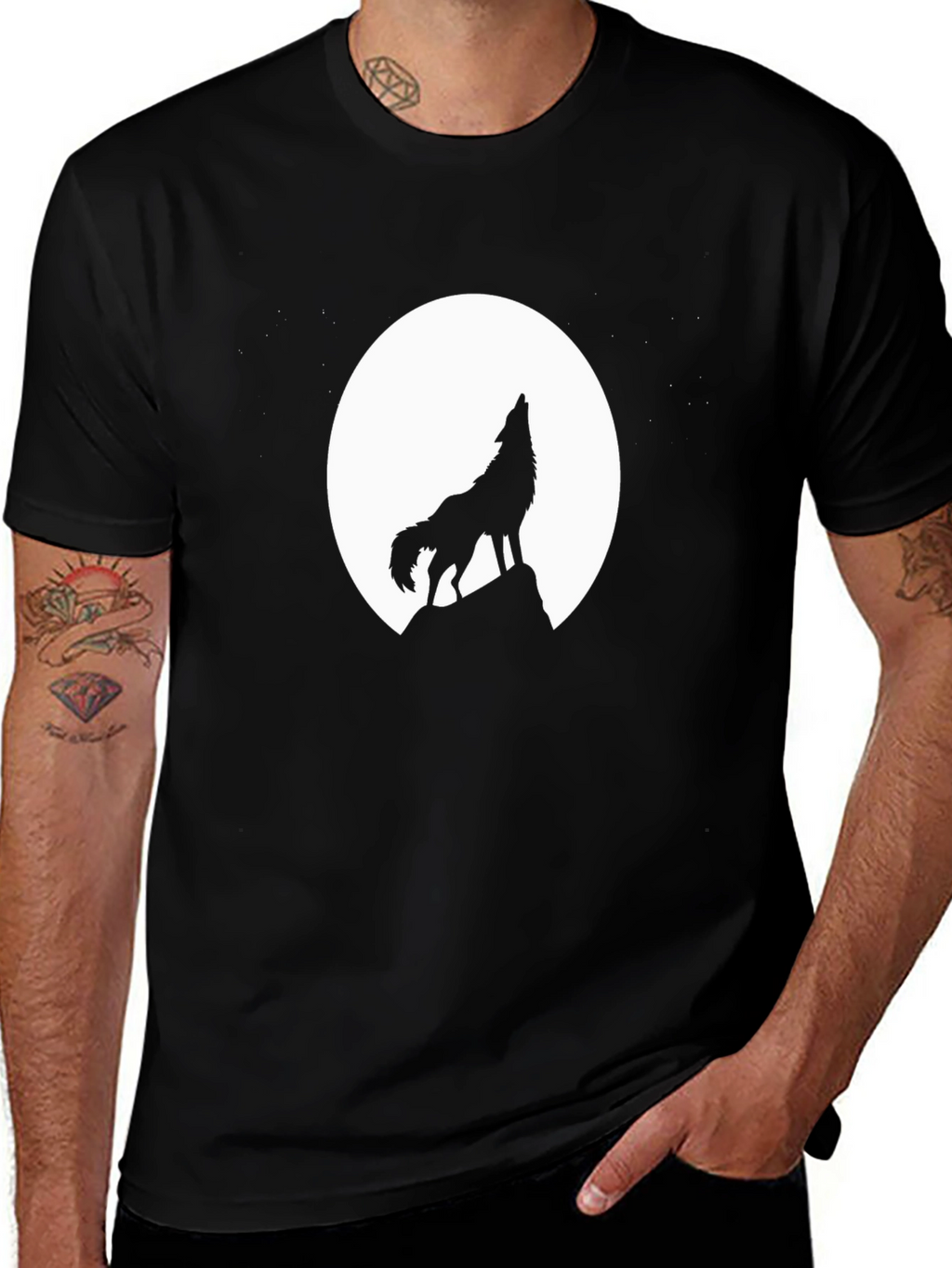 Wolf Howling at Moon Black T-Shirt