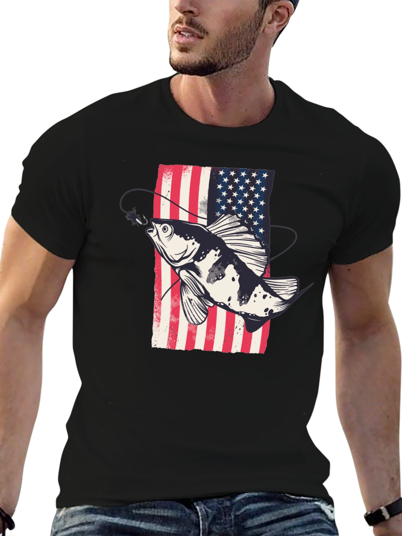 American Flag Fish Graphic Tee - Patriotic Angler Shirt