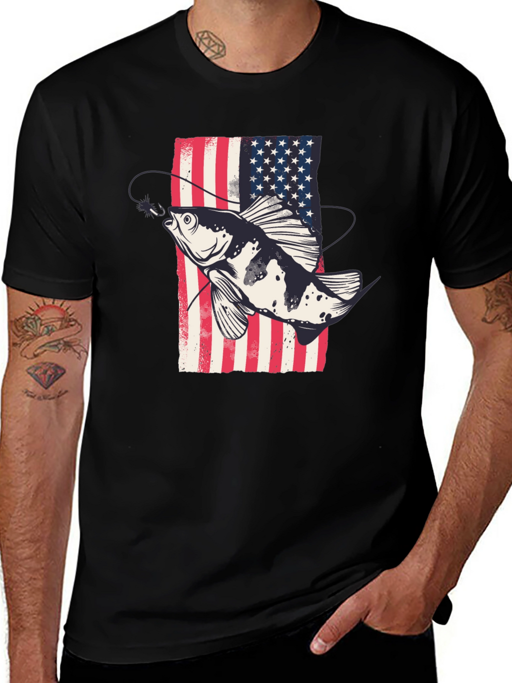 American Flag Fish Graphic Tee - Patriotic Angler Shirt