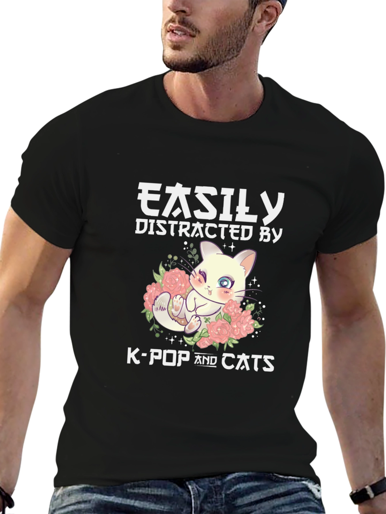 Easily Distracted By K-Pop & Cats Black T-Shirt