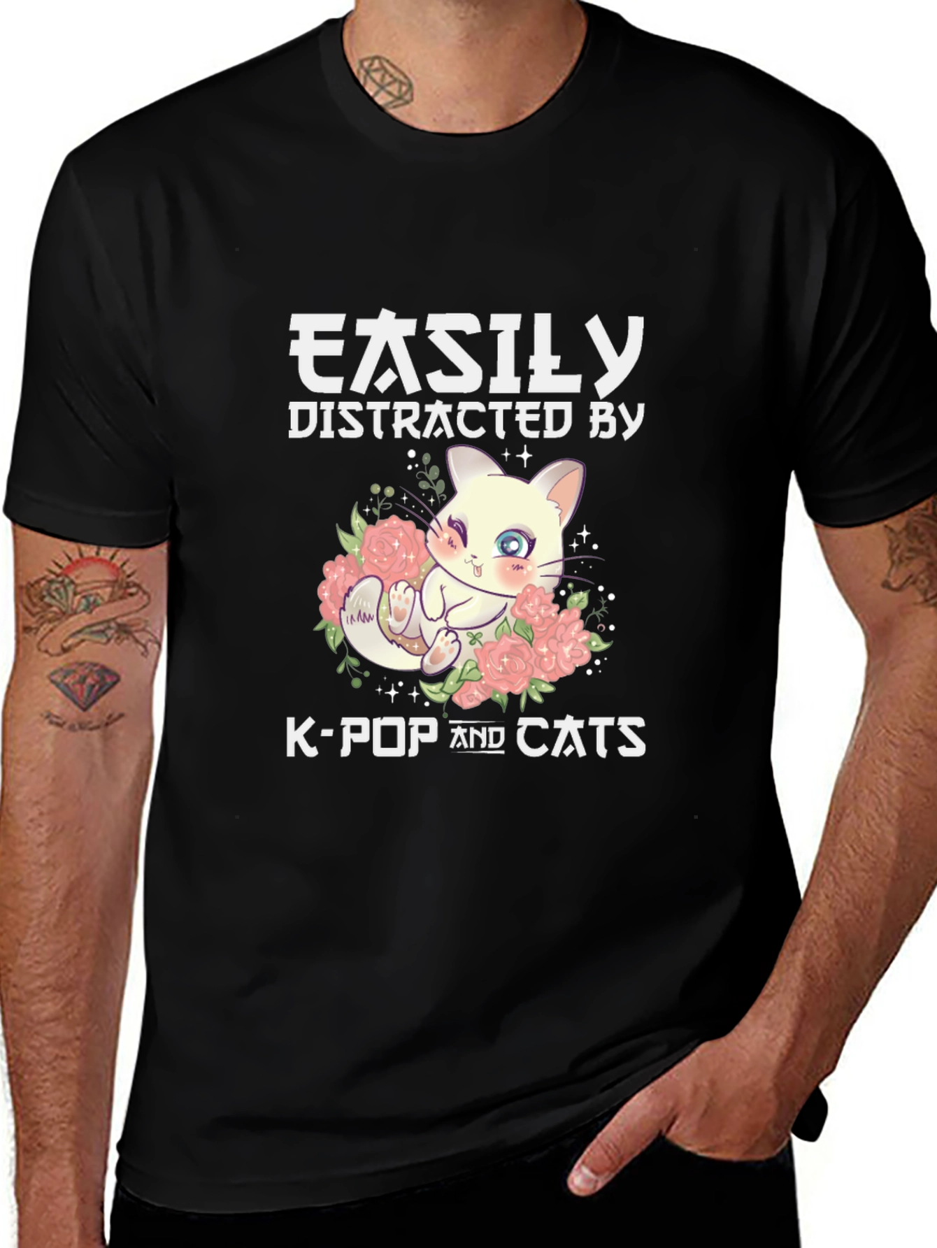 Easily Distracted By K-Pop & Cats Black T-Shirt