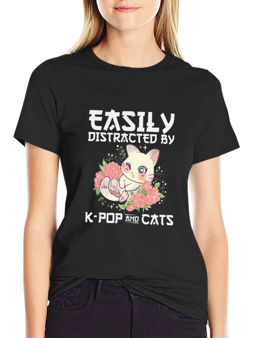 Easily Distracted By K-Pop & Cats Black T-Shirt