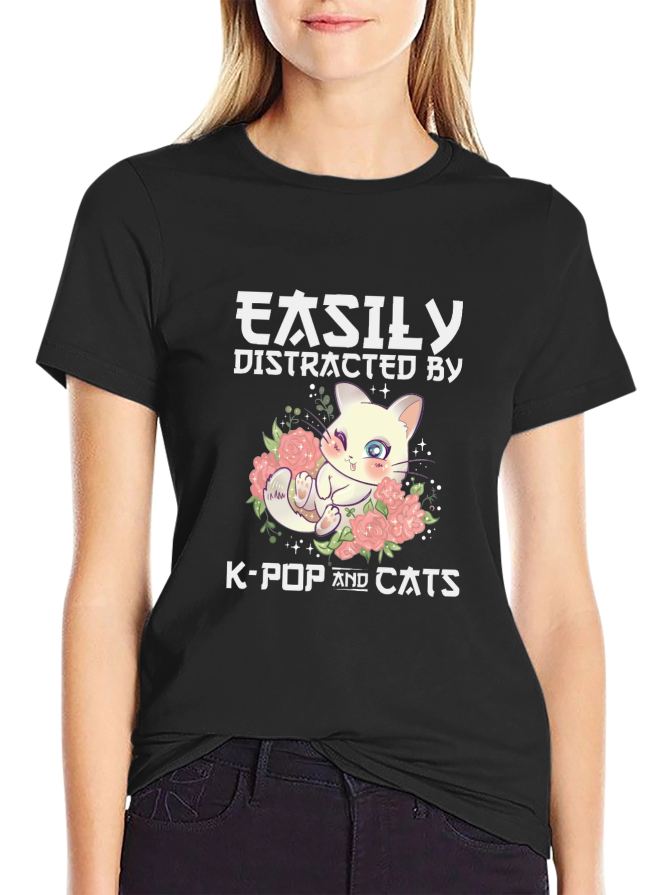 Easily Distracted By K-Pop & Cats Black T-Shirt
