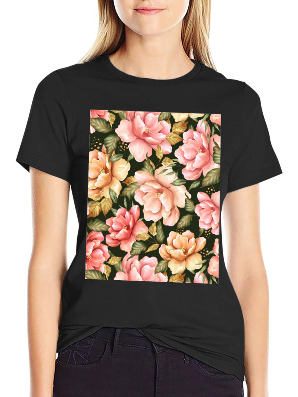 Floral Print Black T-Shirt - Unique Botanical Design