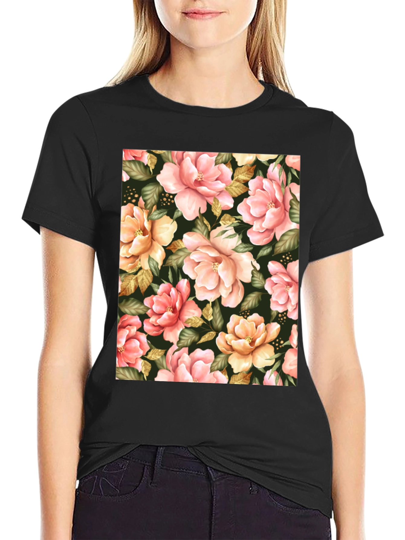 Floral Print Black T-Shirt - Unique Botanical Design