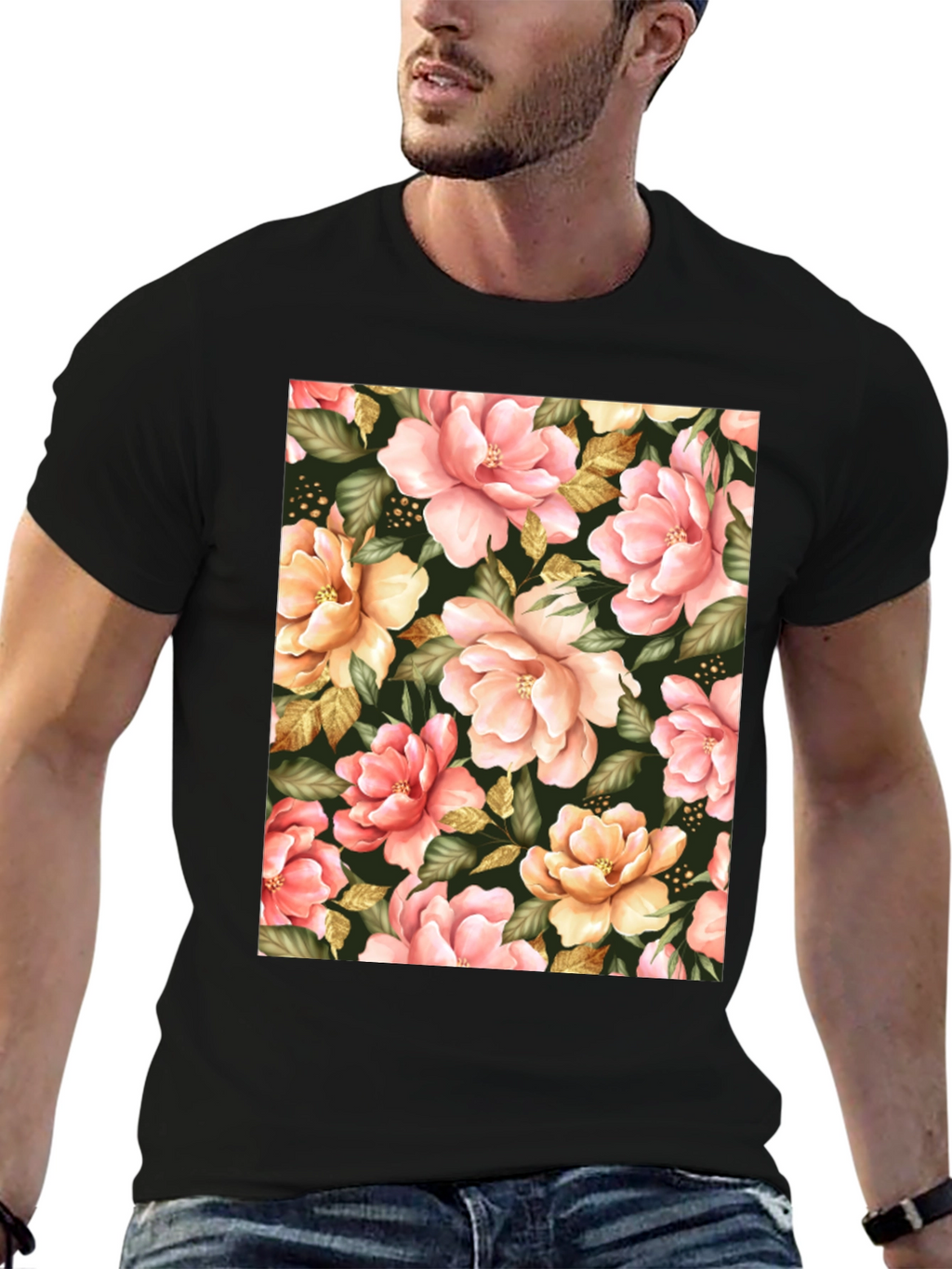 Floral Print Black T-Shirt - Unique Botanical Design