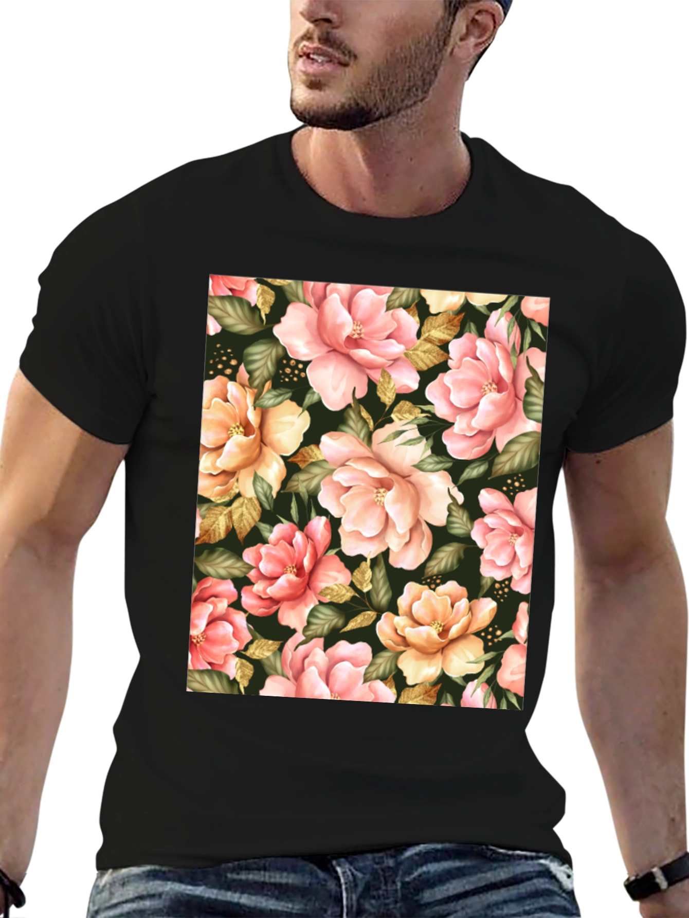 Floral Print Black T-Shirt - Unique Botanical Design