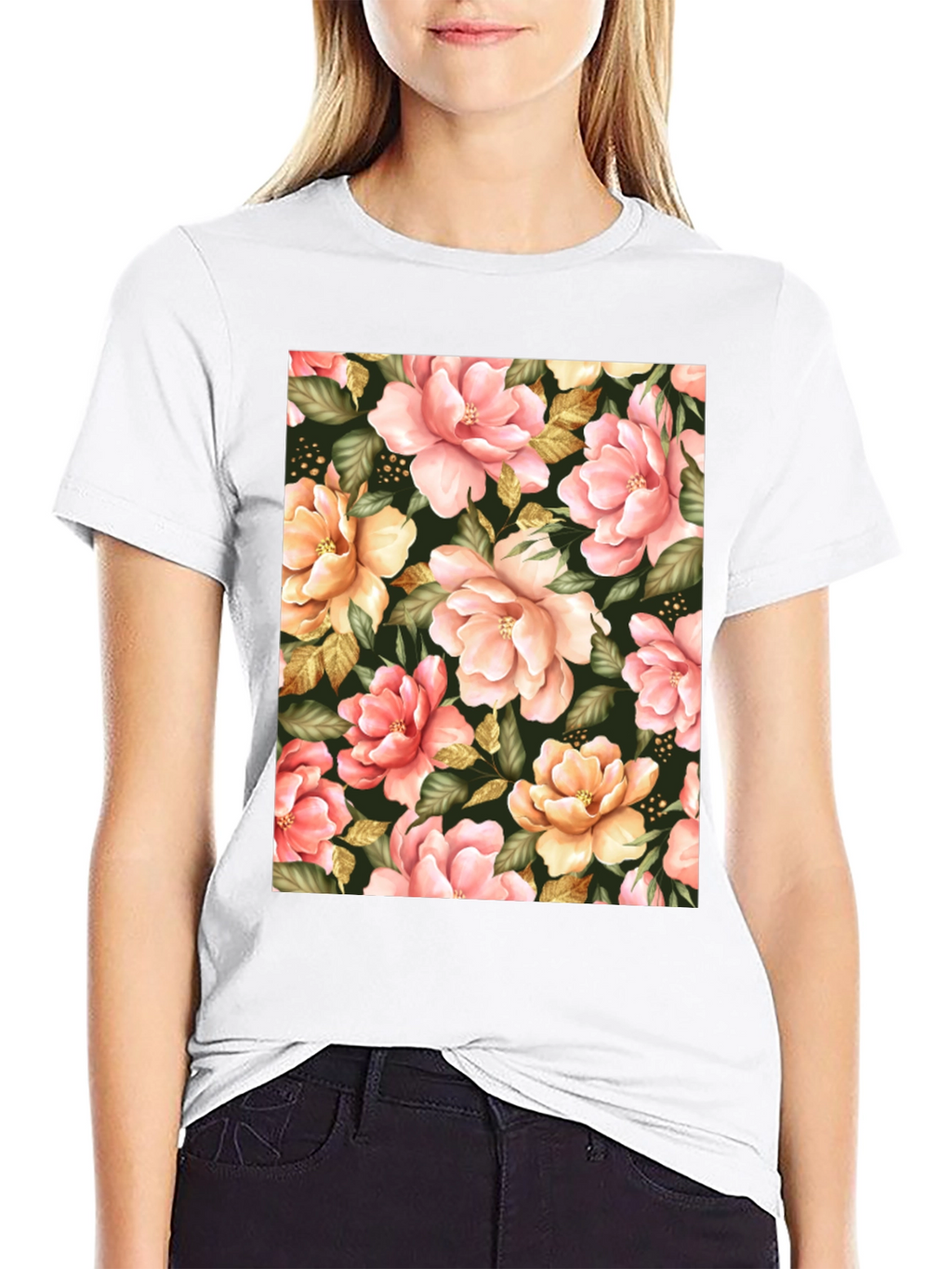 Floral Print Black T-Shirt - Unique Botanical Design